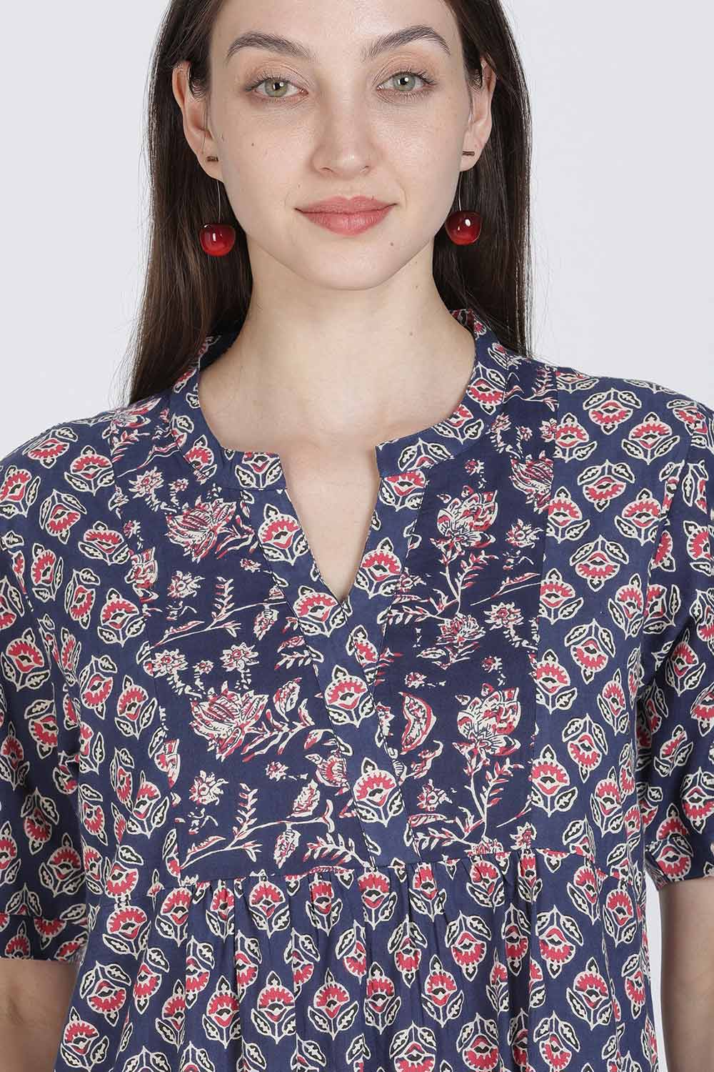 Naidu Hall Women’s Full-Length Cotton Blend Nighty | V-Neck Mandarin Collar, Puff Sleeves, Floral Print
- NB13