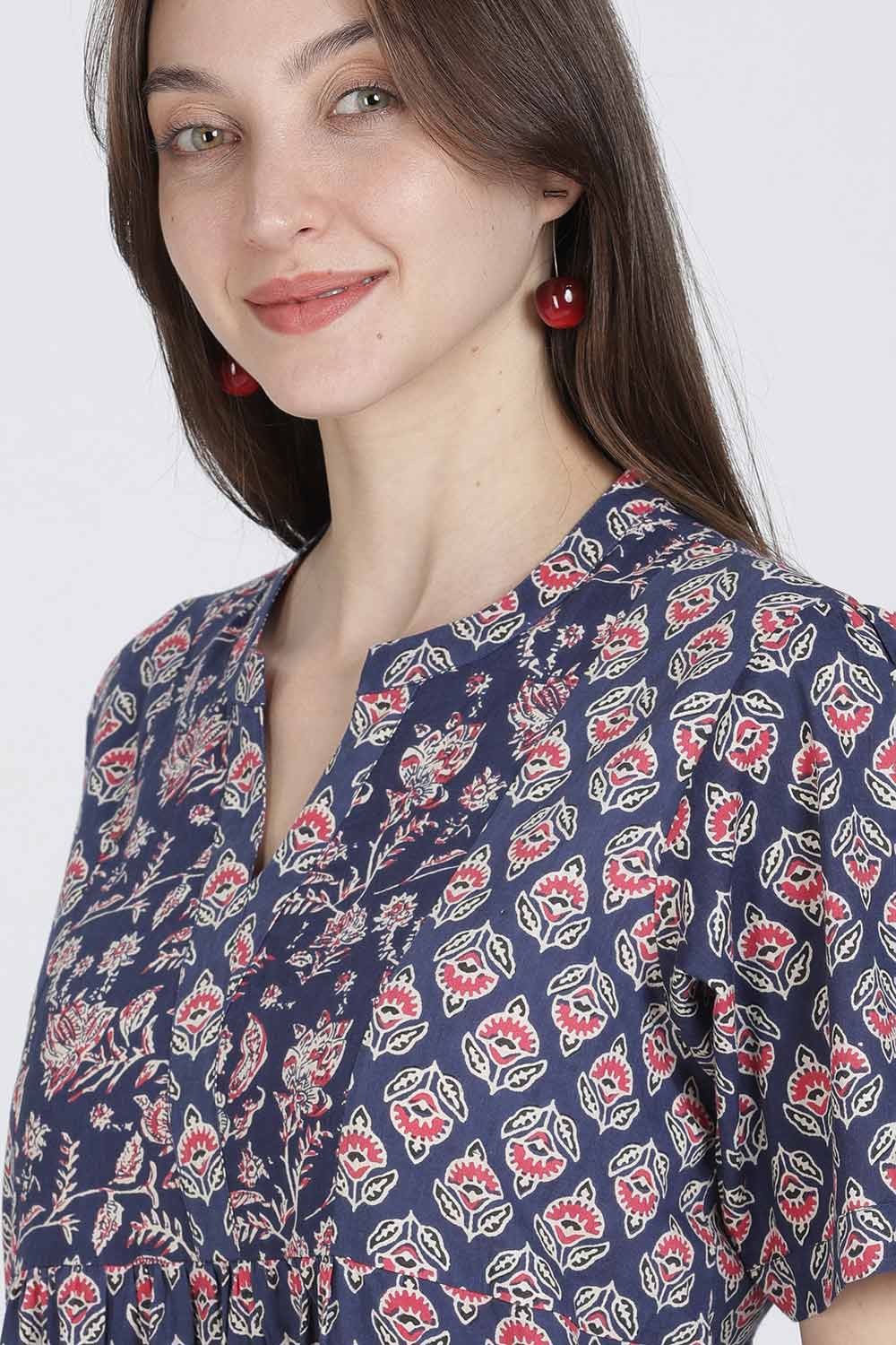 Naidu Hall Women’s Full-Length Cotton Blend Nighty | V-Neck Mandarin Collar, Puff Sleeves, Floral Print
- NB13