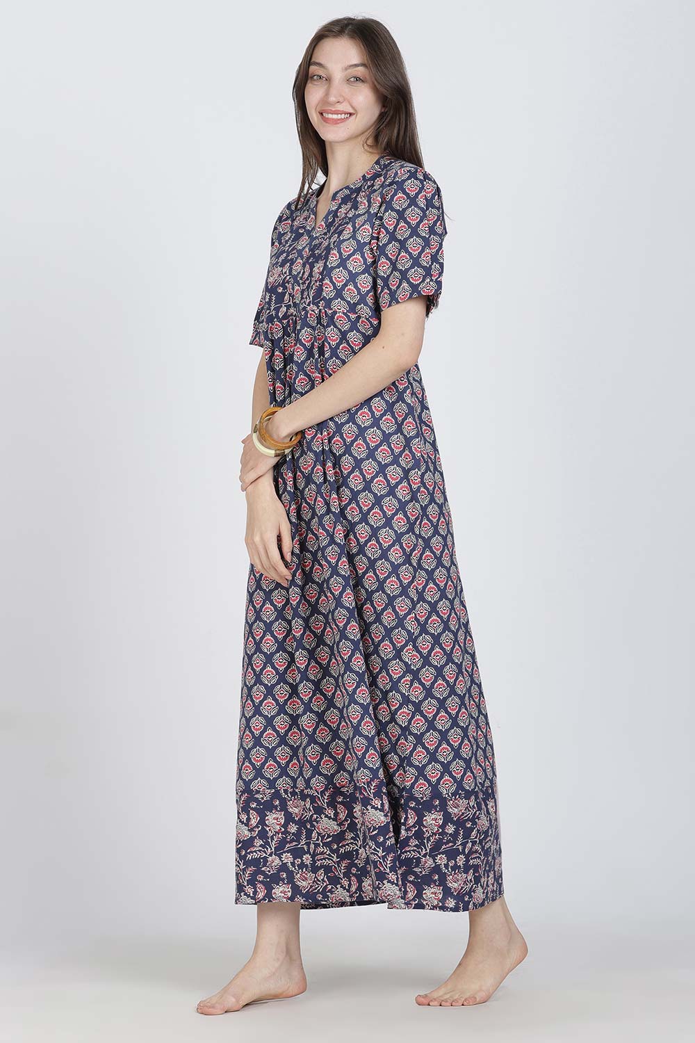 Naidu Hall Women’s Full-Length Cotton Blend Nighty | V-Neck Mandarin Collar, Puff Sleeves, Floral Print
- NB13