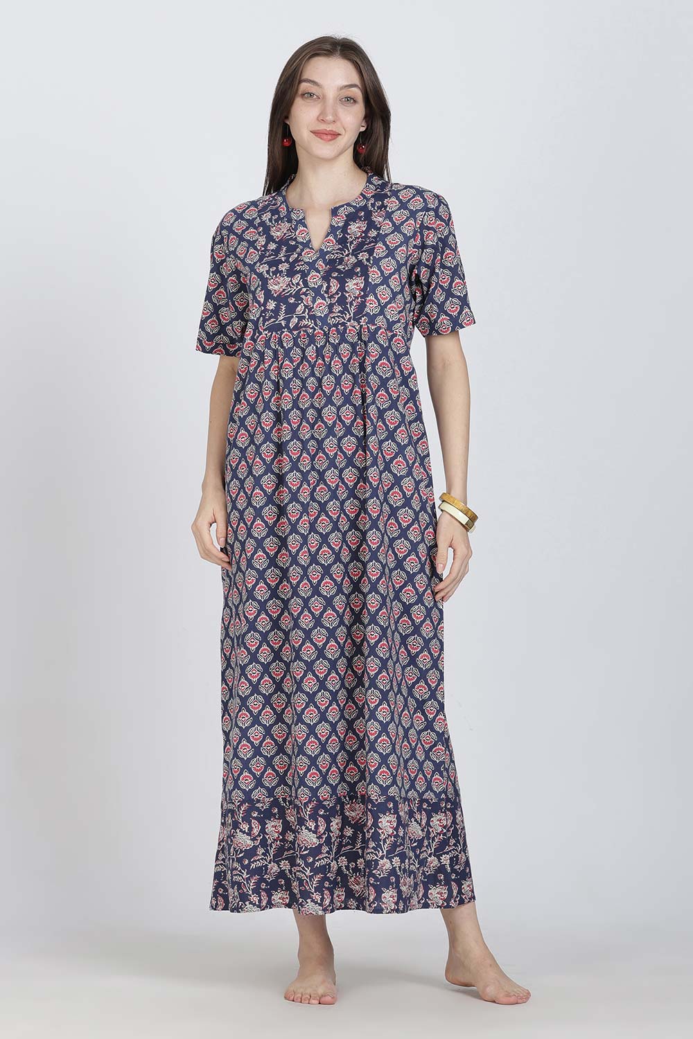 Naidu Hall Women’s Full-Length Cotton Blend Nighty | V-Neck Mandarin Collar, Puff Sleeves, Floral Print
- NB13