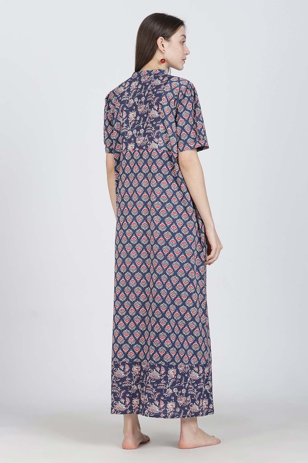 Naidu Hall Women’s Full-Length Cotton Blend Nighty | V-Neck Mandarin Collar, Puff Sleeves, Floral Print
- NB13