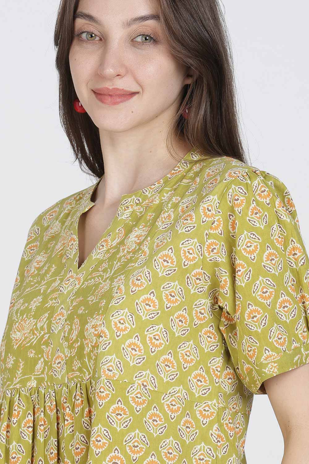 Naidu Hall Women’s Full-Length Cotton Blend Nighty | V-Neck Mandarin Collar, Puff Sleeves, Floral Print
- NB13