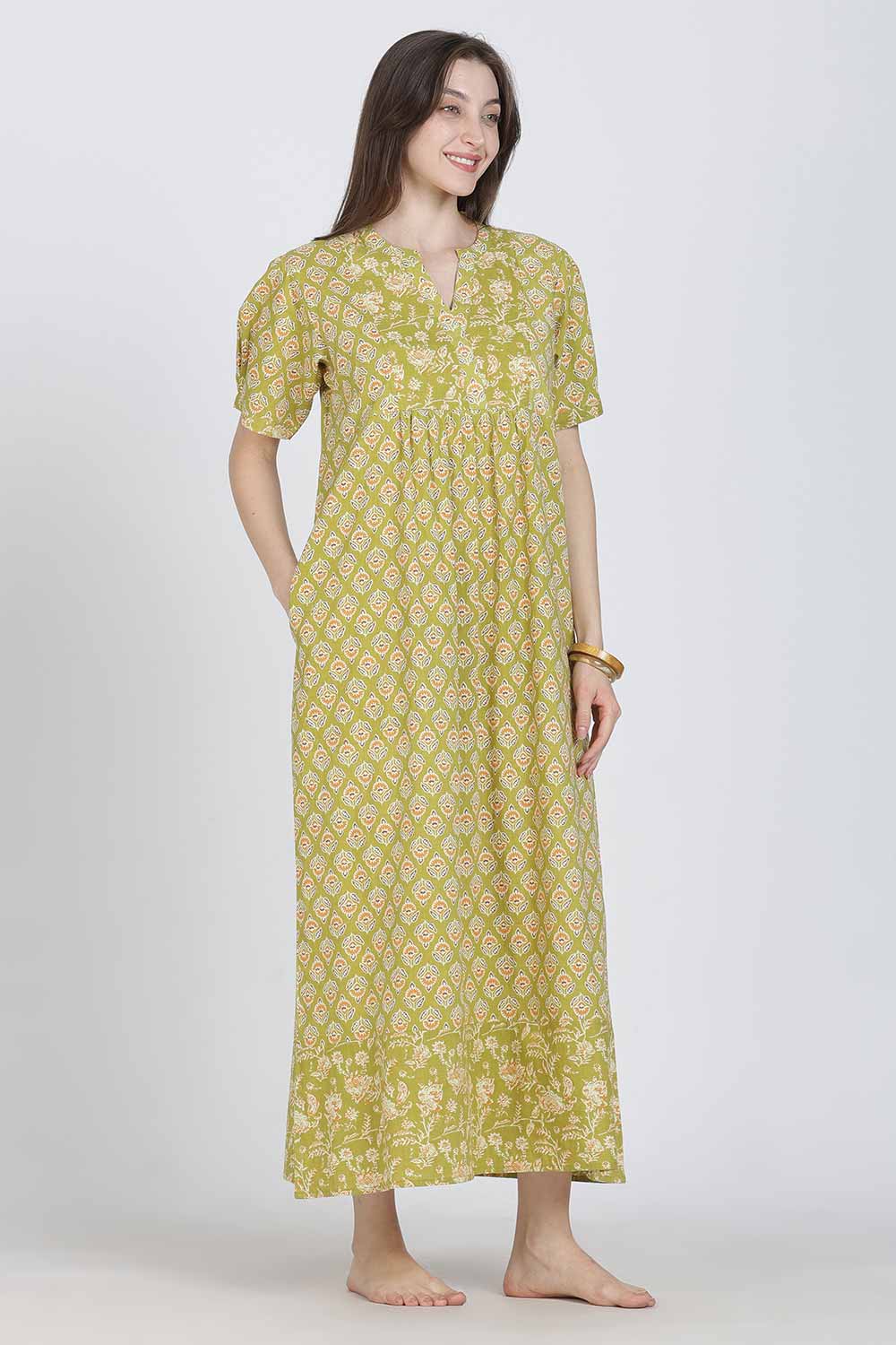 Naidu Hall Women’s Full-Length Cotton Blend Nighty | V-Neck Mandarin Collar, Puff Sleeves, Floral Print
- NB13