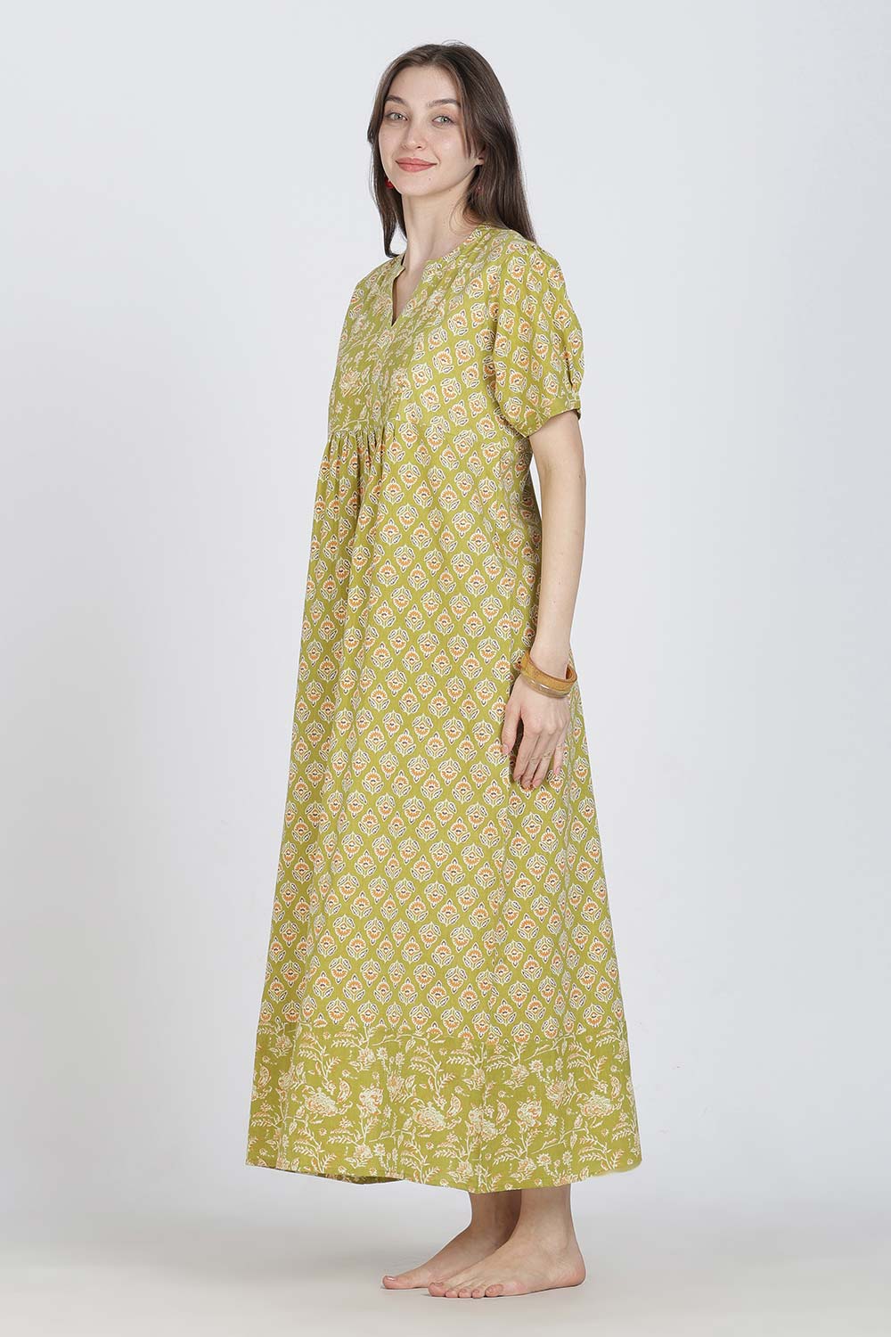 Naidu Hall Women’s Full-Length Cotton Blend Nighty | V-Neck Mandarin Collar, Puff Sleeves, Floral Print
- NB13