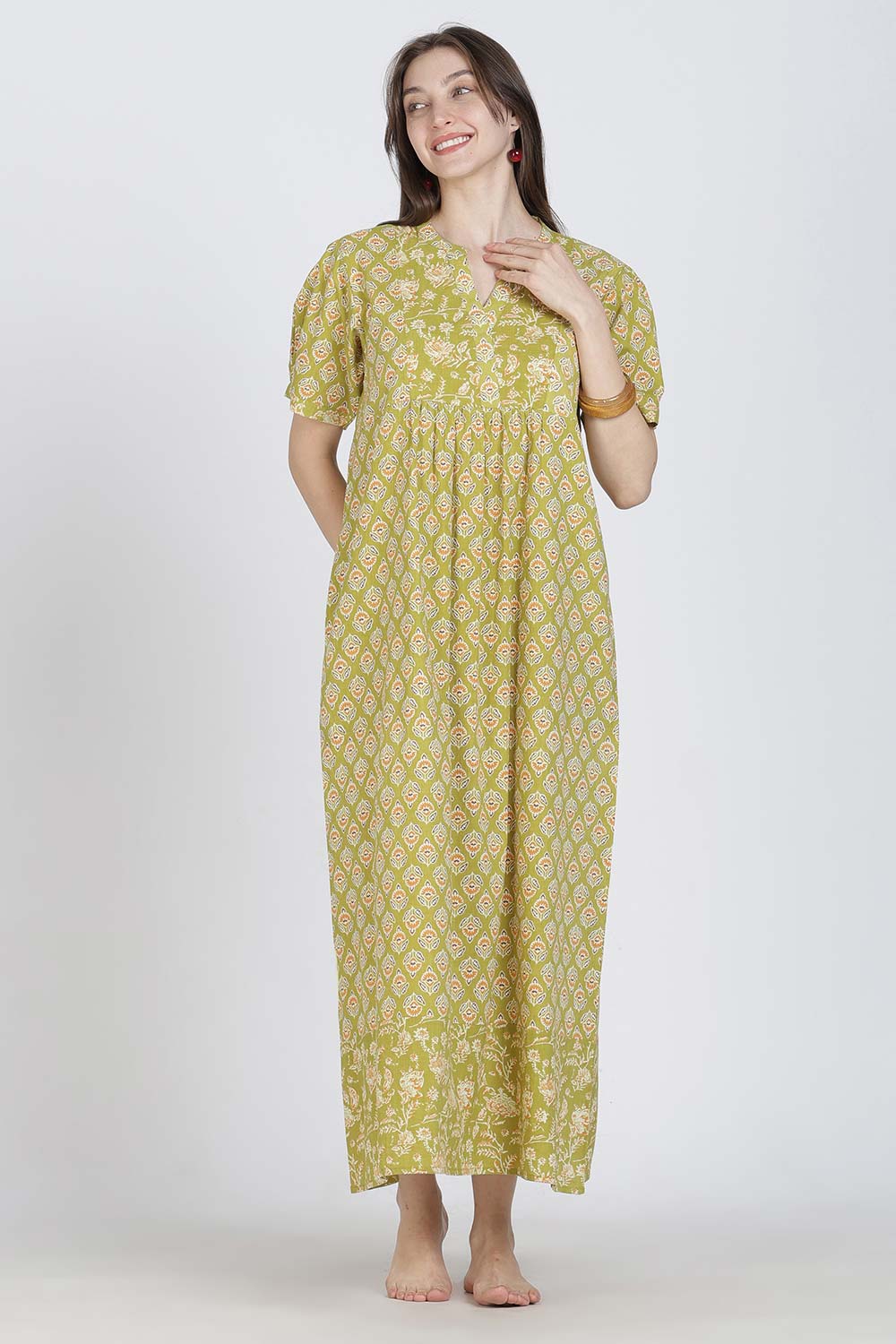 Naidu Hall Women’s Full-Length Cotton Blend Nighty | V-Neck Mandarin Collar, Puff Sleeves, Floral Print
- NB13