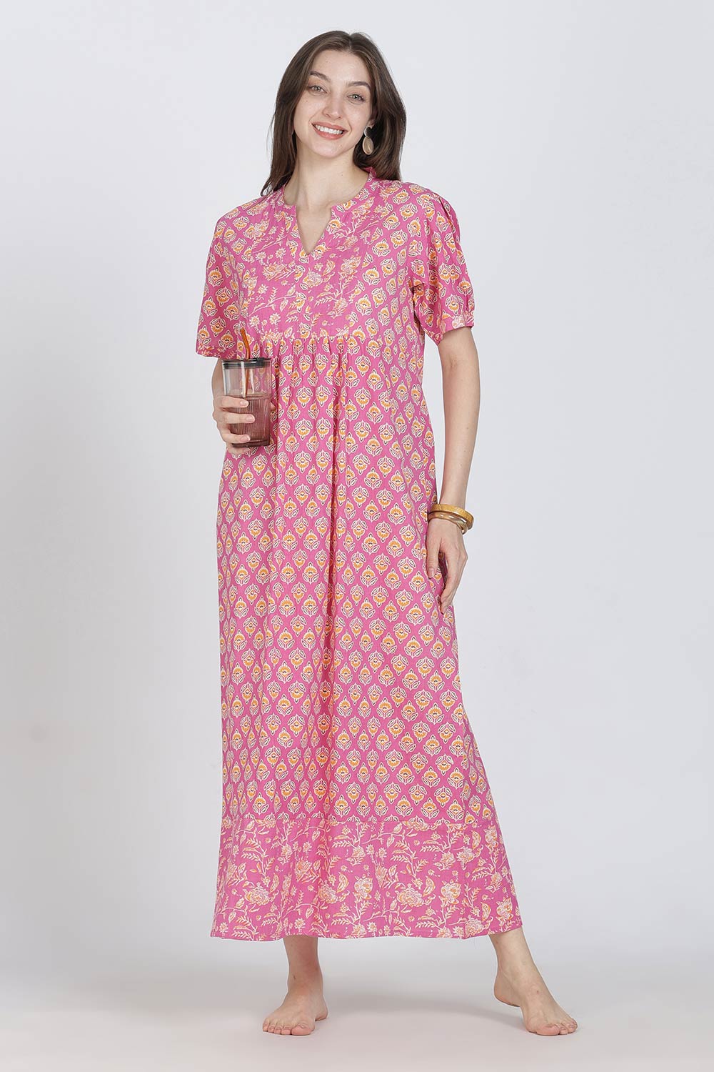 Naidu Hall Women’s Full-Length Cotton Blend Nighty | V-Neck Mandarin Collar, Puff Sleeves, Floral Print
- NB13