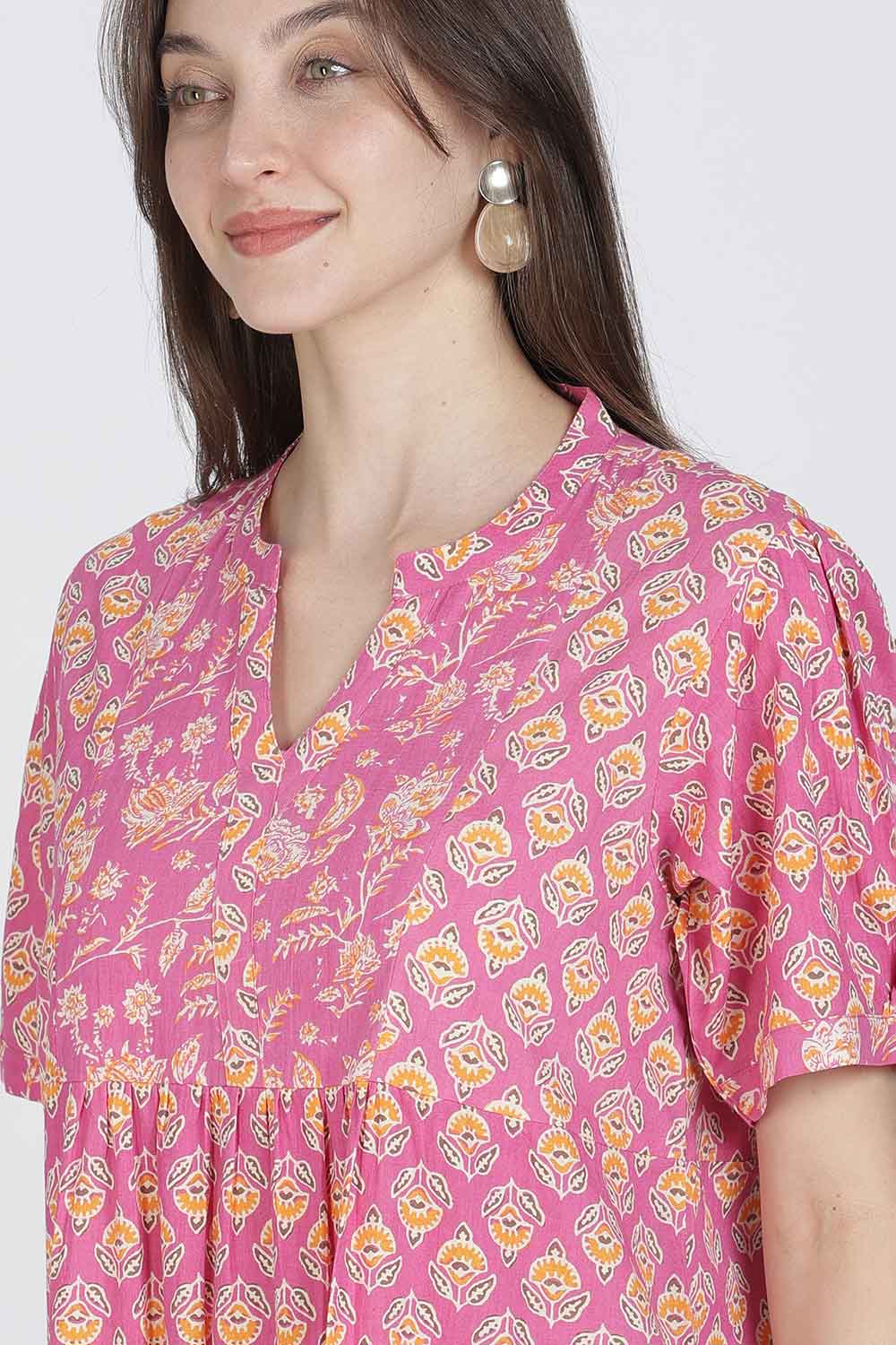 Naidu Hall Women’s Full-Length Cotton Blend Nighty | V-Neck Mandarin Collar, Puff Sleeves, Floral Print
- NB13