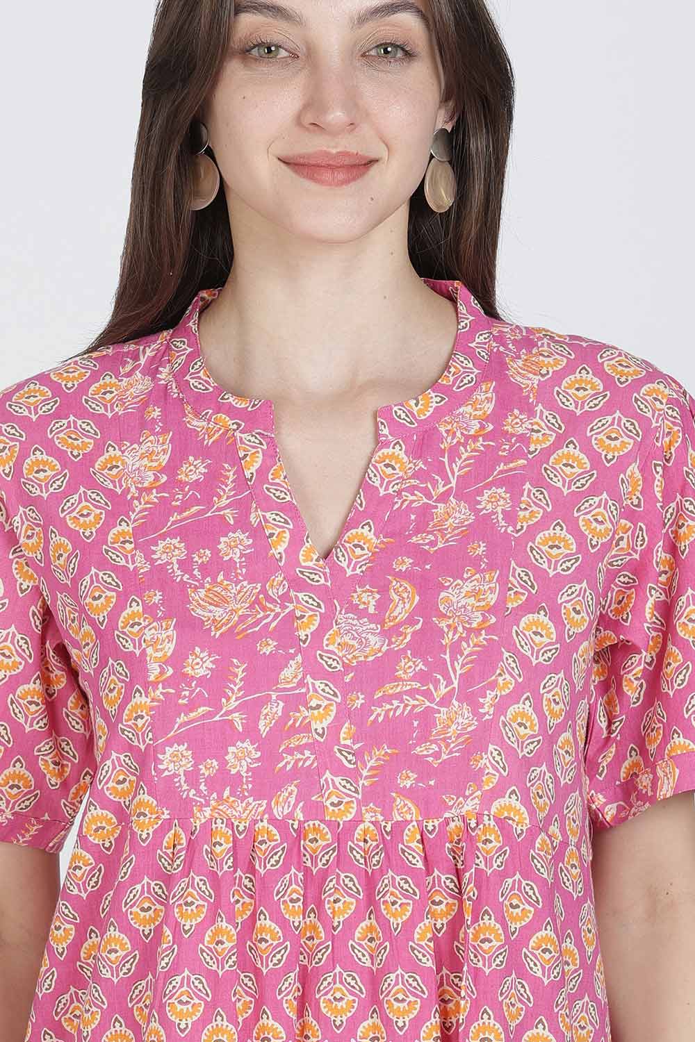 Naidu Hall Women’s Full-Length Cotton Blend Nighty | V-Neck Mandarin Collar, Puff Sleeves, Floral Print
- NB13