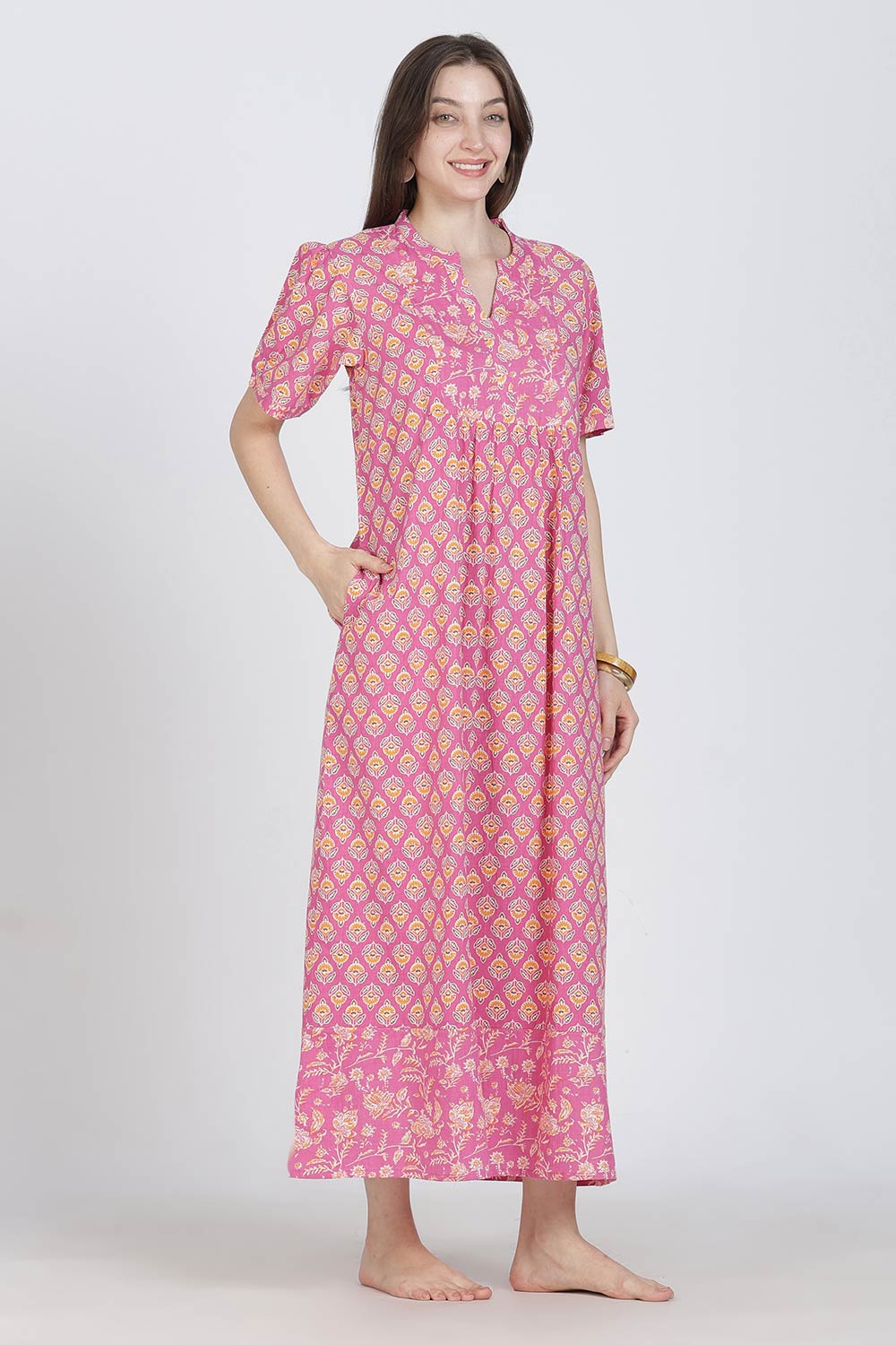 Naidu Hall Women’s Full-Length Cotton Blend Nighty | V-Neck Mandarin Collar, Puff Sleeves, Floral Print
- NB13