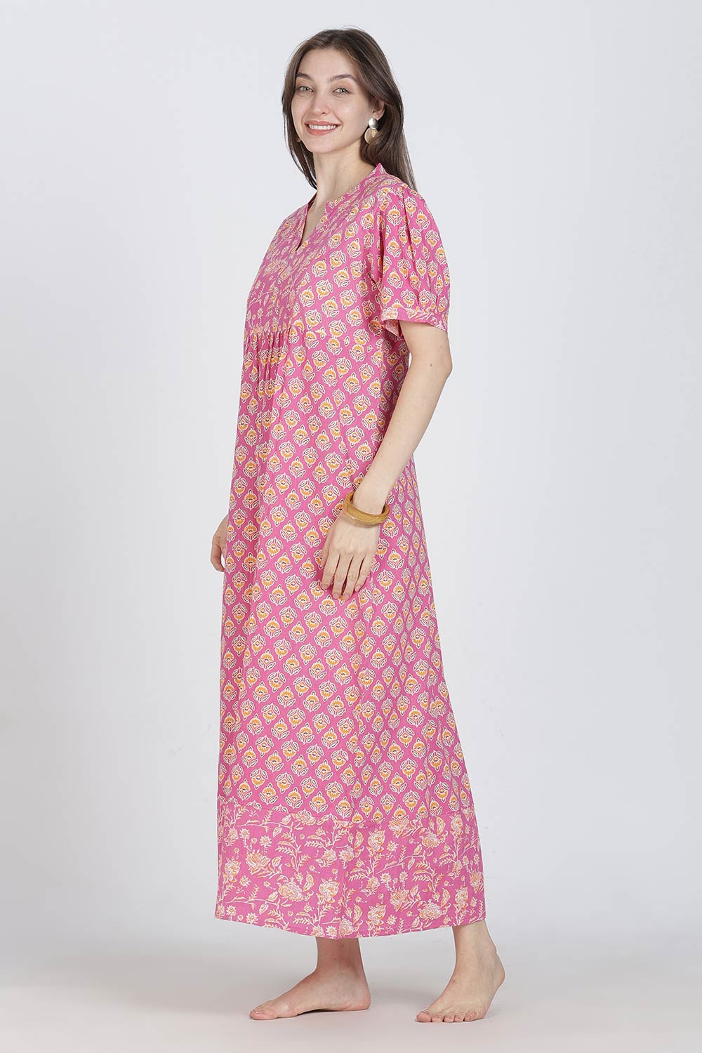 Naidu Hall Women’s Full-Length Cotton Blend Nighty | V-Neck Mandarin Collar, Puff Sleeves, Floral Print
- NB13