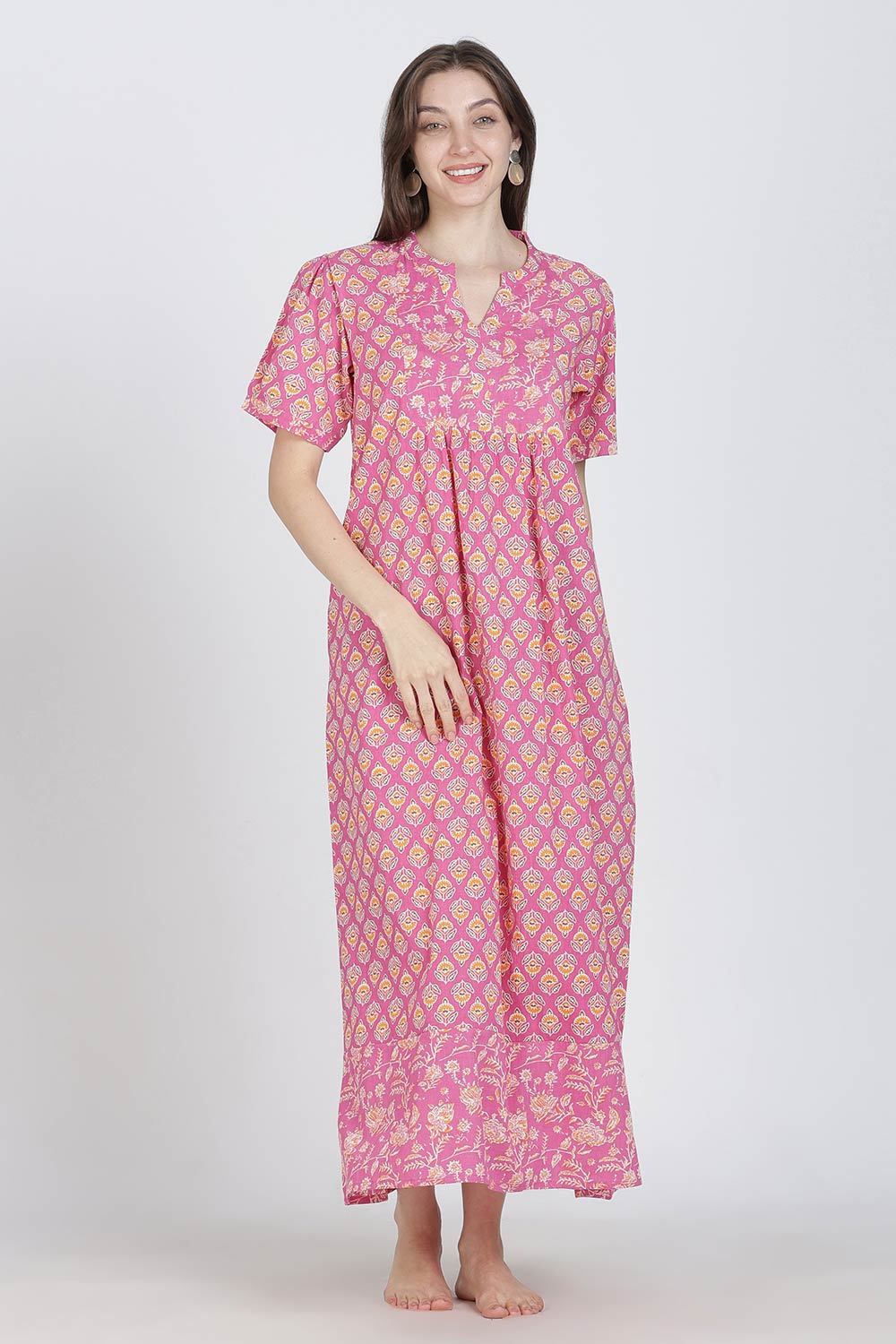 Naidu Hall Women’s Full-Length Cotton Blend Nighty | V-Neck Mandarin Collar, Puff Sleeves, Floral Print
- NB13