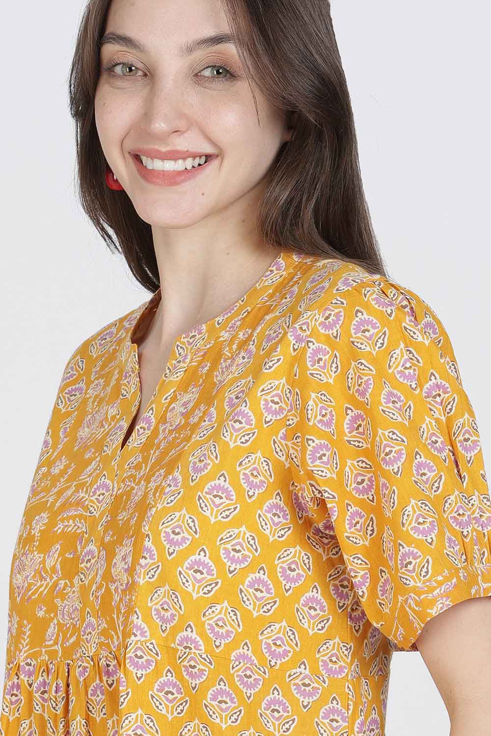 Naidu Hall Women’s Full-Length Cotton Blend Nighty | V-Neck Mandarin Collar, Puff Sleeves, Floral Print
- NB13