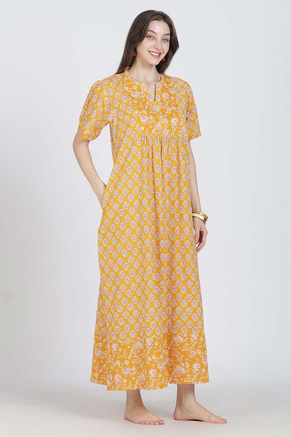 Naidu Hall Women’s Full-Length Cotton Blend Nighty | V-Neck Mandarin Collar, Puff Sleeves, Floral Print
- NB13