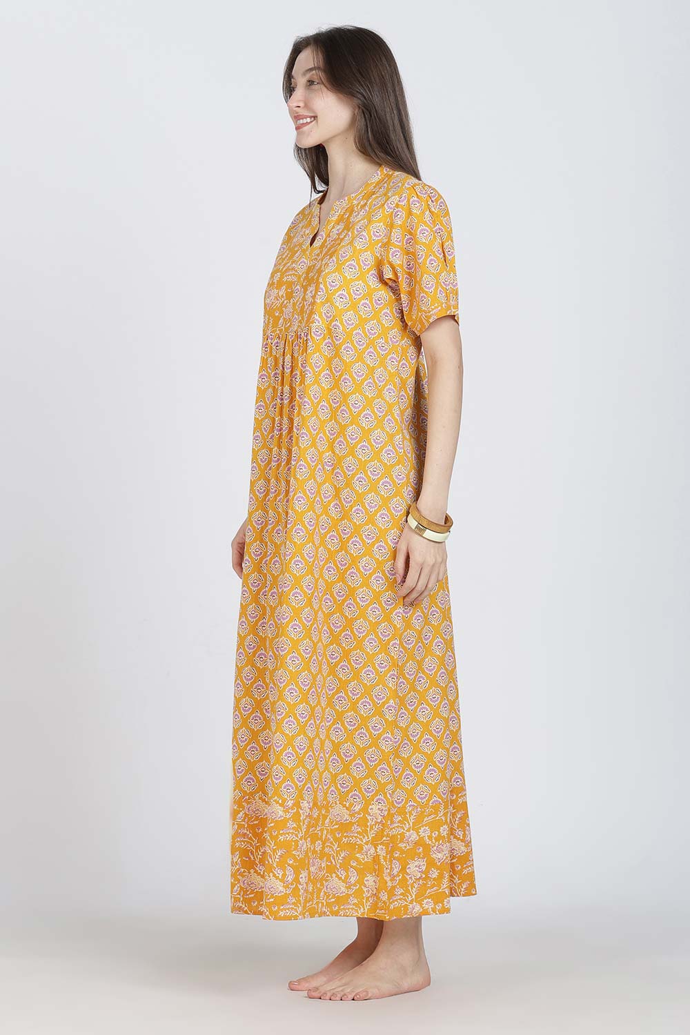 Naidu Hall Women’s Full-Length Cotton Blend Nighty | V-Neck Mandarin Collar, Puff Sleeves, Floral Print
- NB13