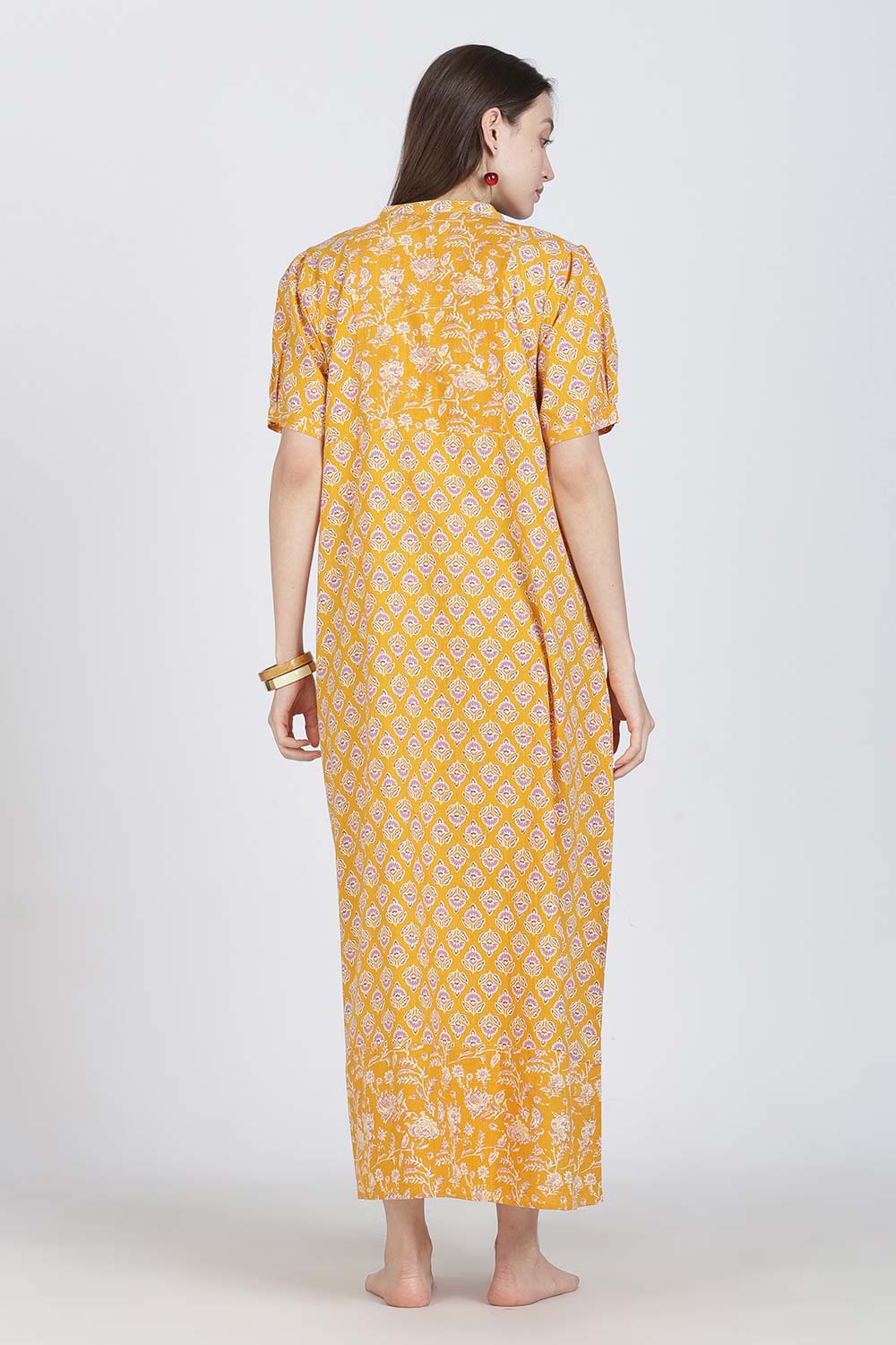 Naidu Hall Women’s Full-Length Cotton Blend Nighty | V-Neck Mandarin Collar, Puff Sleeves, Floral Print
- NB13