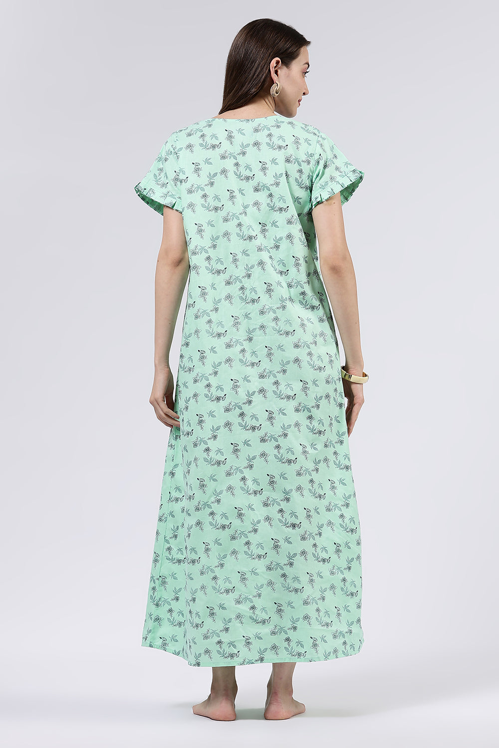 Naidu Hall Women’s Printed Cotton Full Length Nighty with Lace Detailed Yoke and Ruffle Sleeves
- Green - NT73