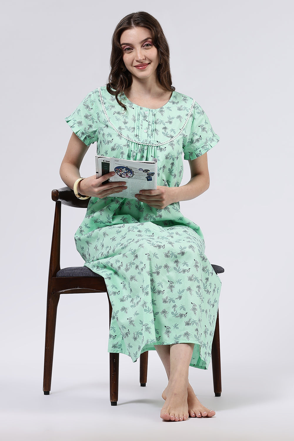 Naidu Hall Women’s Printed Cotton Full Length Nighty with Lace Detailed Yoke and Ruffle Sleeves
- Green - NT73