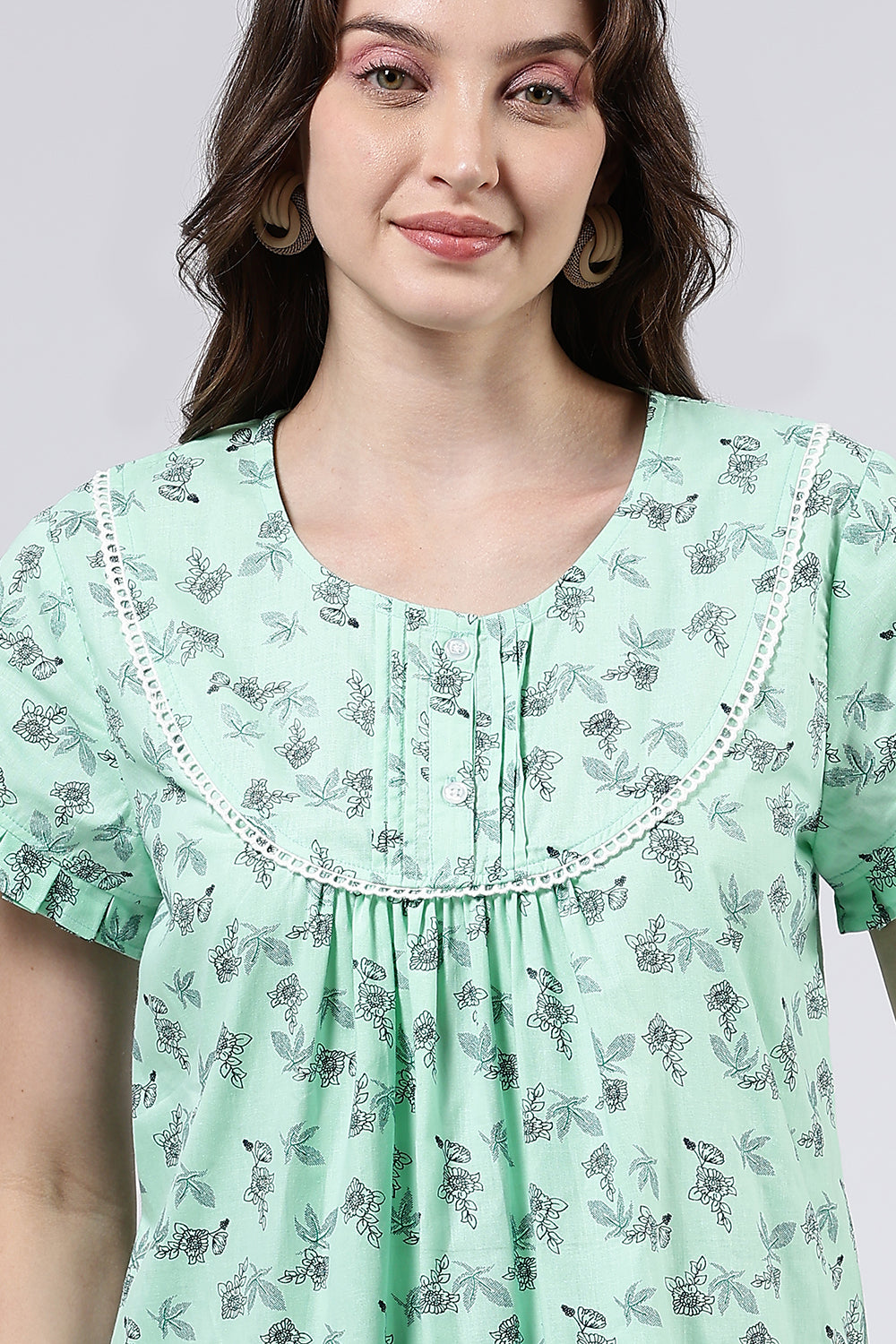 Naidu Hall Women’s Printed Cotton Full Length Nighty with Lace Detailed Yoke and Ruffle Sleeves
- Green - NT73
