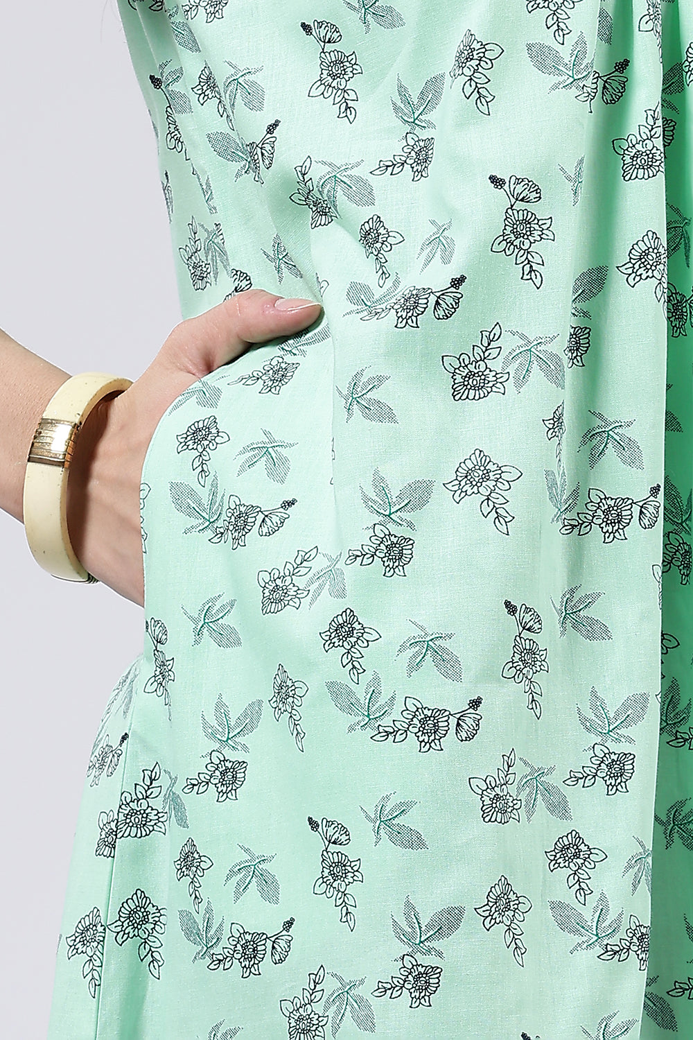 Naidu Hall Women’s Printed Cotton Full Length Nighty with Lace Detailed Yoke and Ruffle Sleeves
- Green - NT73