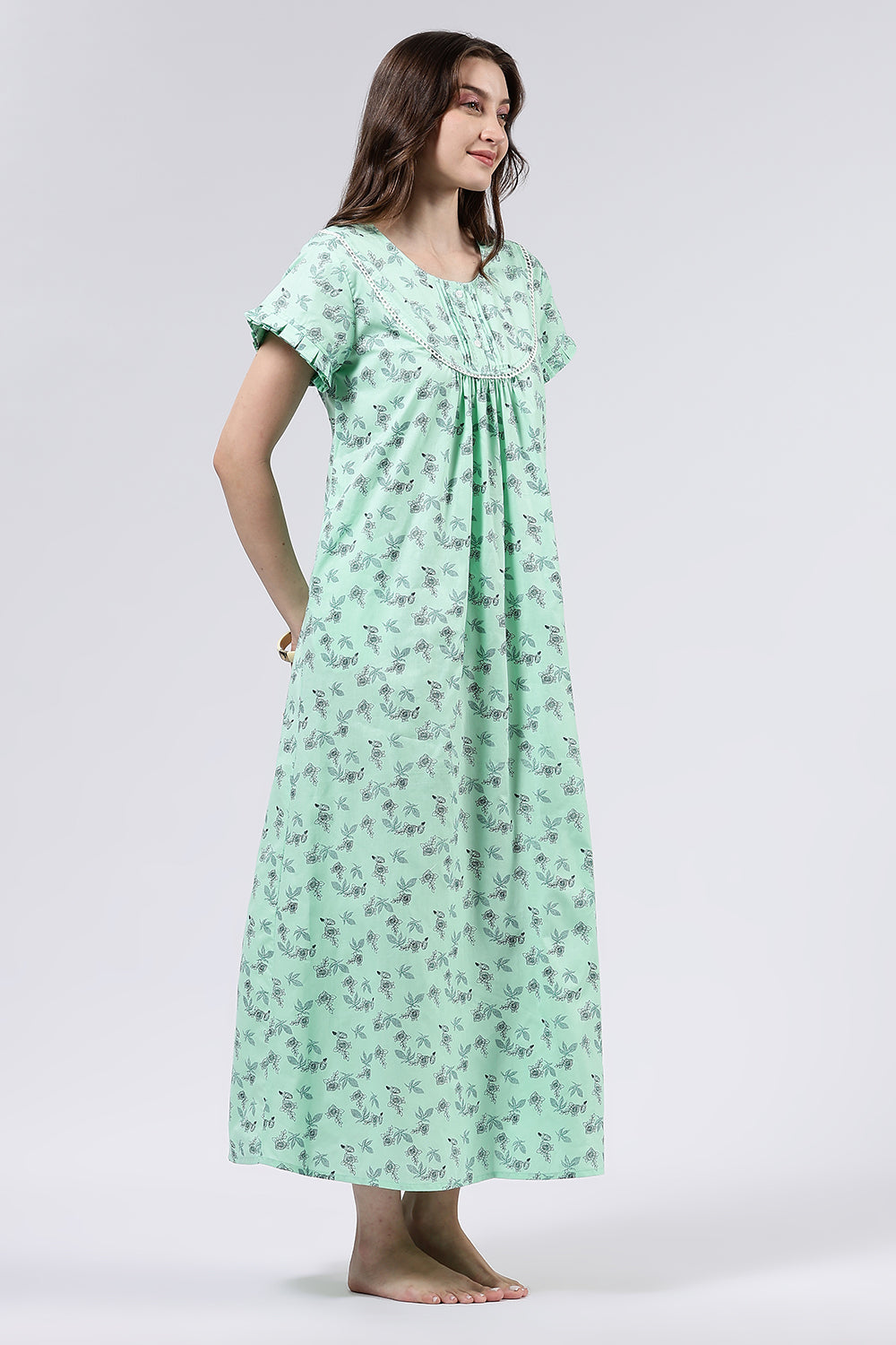 Naidu Hall Women’s Printed Cotton Full Length Nighty with Lace Detailed Yoke and Ruffle Sleeves
- Green - NT73