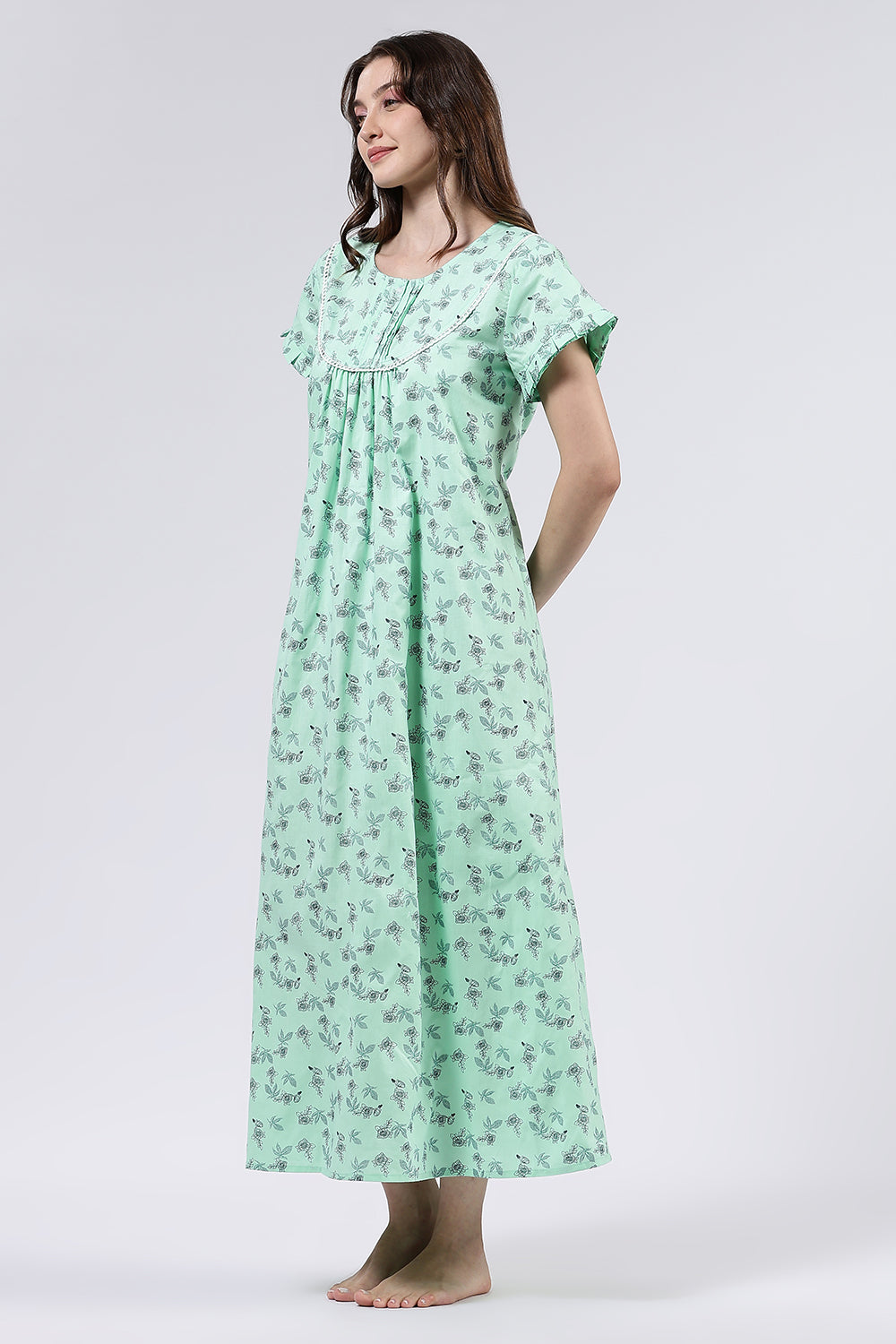 Naidu Hall Women’s Printed Cotton Full Length Nighty with Lace Detailed Yoke and Ruffle Sleeves
- Green - NT73