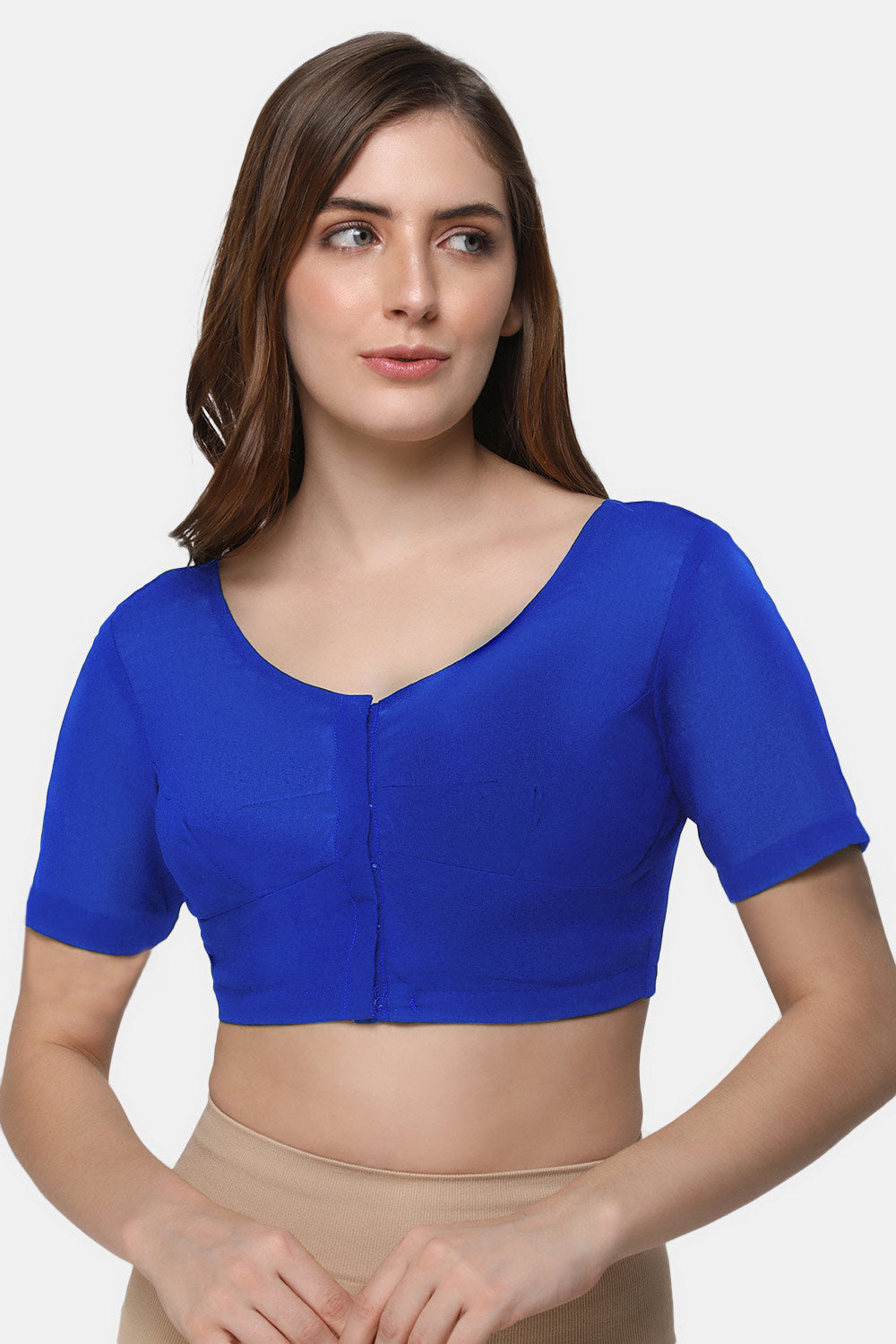 Naidu Hall Women's 2x2 Cotton Saree Blouse | Readymade Round Neck Short Sleeve Woven Cotton Blouse | Plain Traditional Blouse for Cotton, Handloom & Linen Sarees - RNRE
