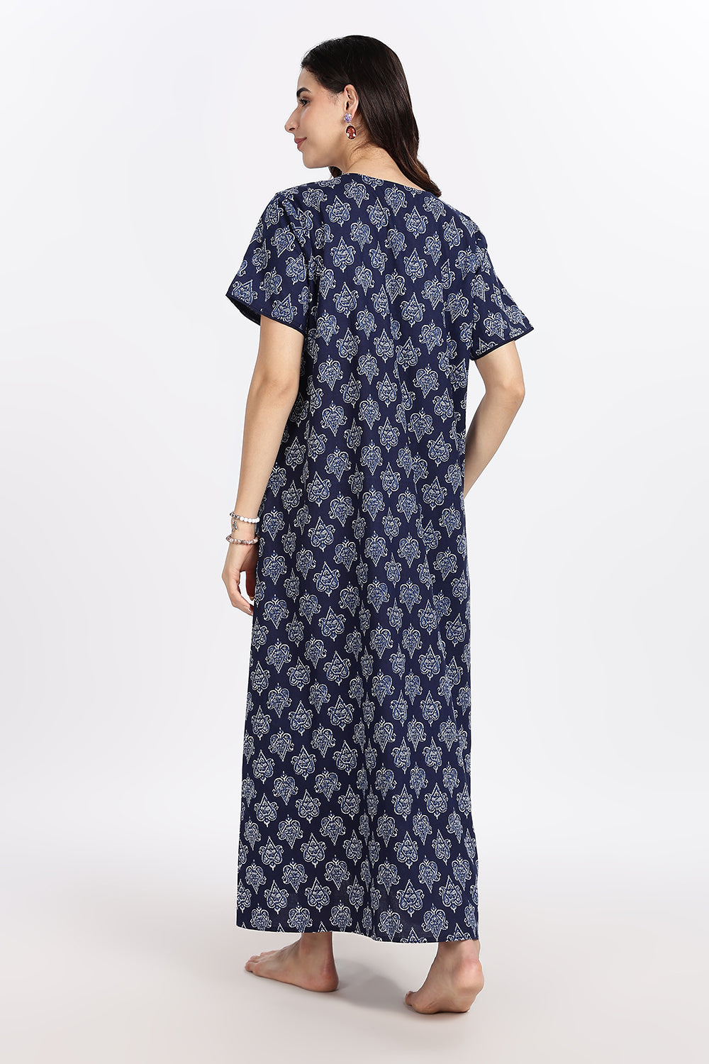 Naidu Hall Women’s A-Line Indigo Abstract Printed Cotton-Blend Nighty | Stylised V-Neck, Overlapped Panel, Short Sleeves - NA91