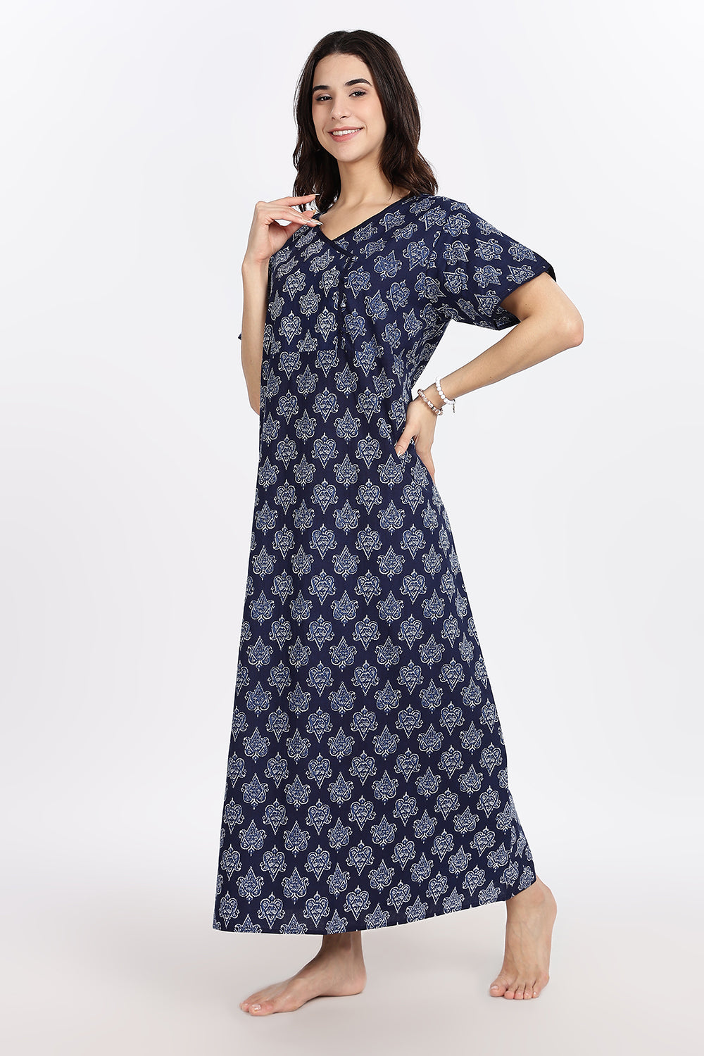 Naidu Hall Women’s A-Line Indigo Abstract Printed Cotton-Blend Nighty | Stylised V-Neck, Overlapped Panel, Short Sleeves - NA91