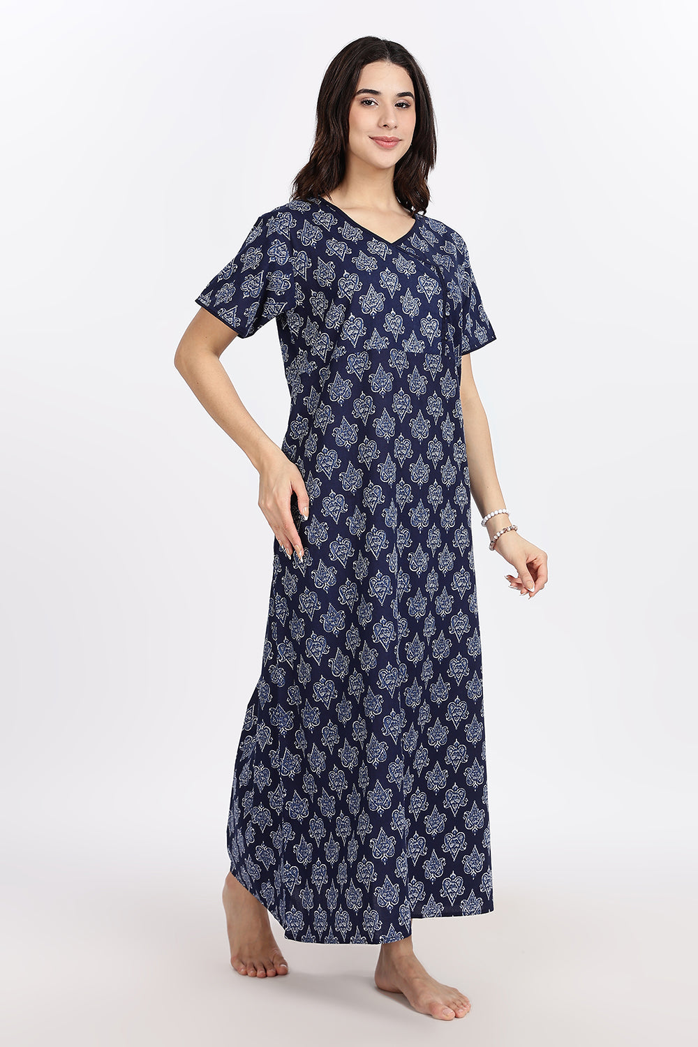 Naidu Hall Women’s A-Line Indigo Abstract Printed Cotton-Blend Nighty | Stylised V-Neck, Overlapped Panel, Short Sleeves - NA91