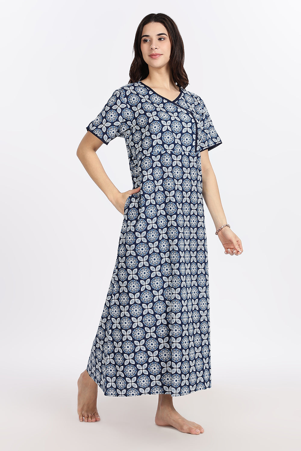 Naidu Hall Women’s A-Line Indigo Abstract Printed Cotton-Blend Nighty | Stylised V-Neck, Overlapped Panel, Short Sleeves
- NA93