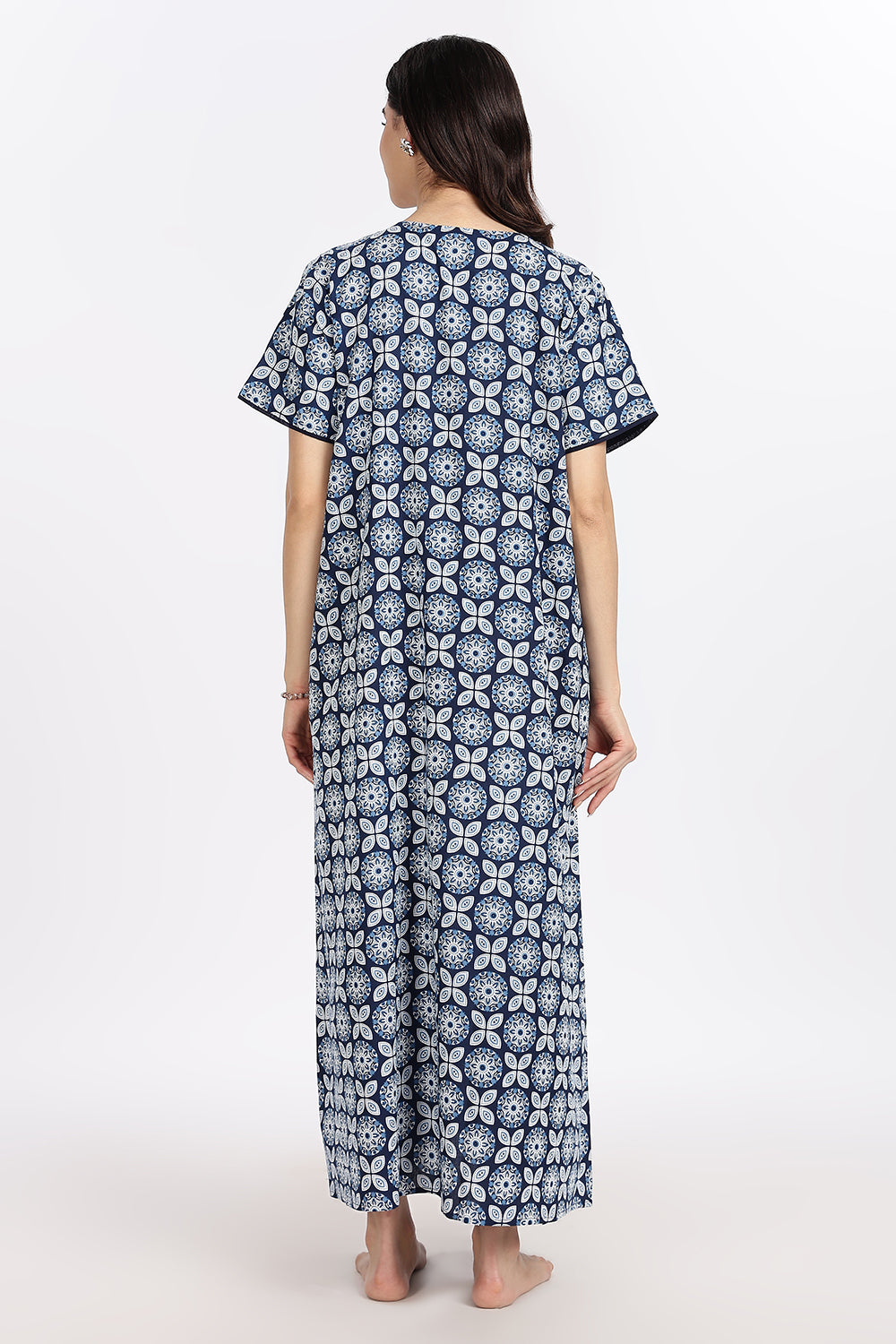 Naidu Hall Women’s A-Line Indigo Abstract Printed Cotton-Blend Nighty | Stylised V-Neck, Overlapped Panel, Short Sleeves
- NA93