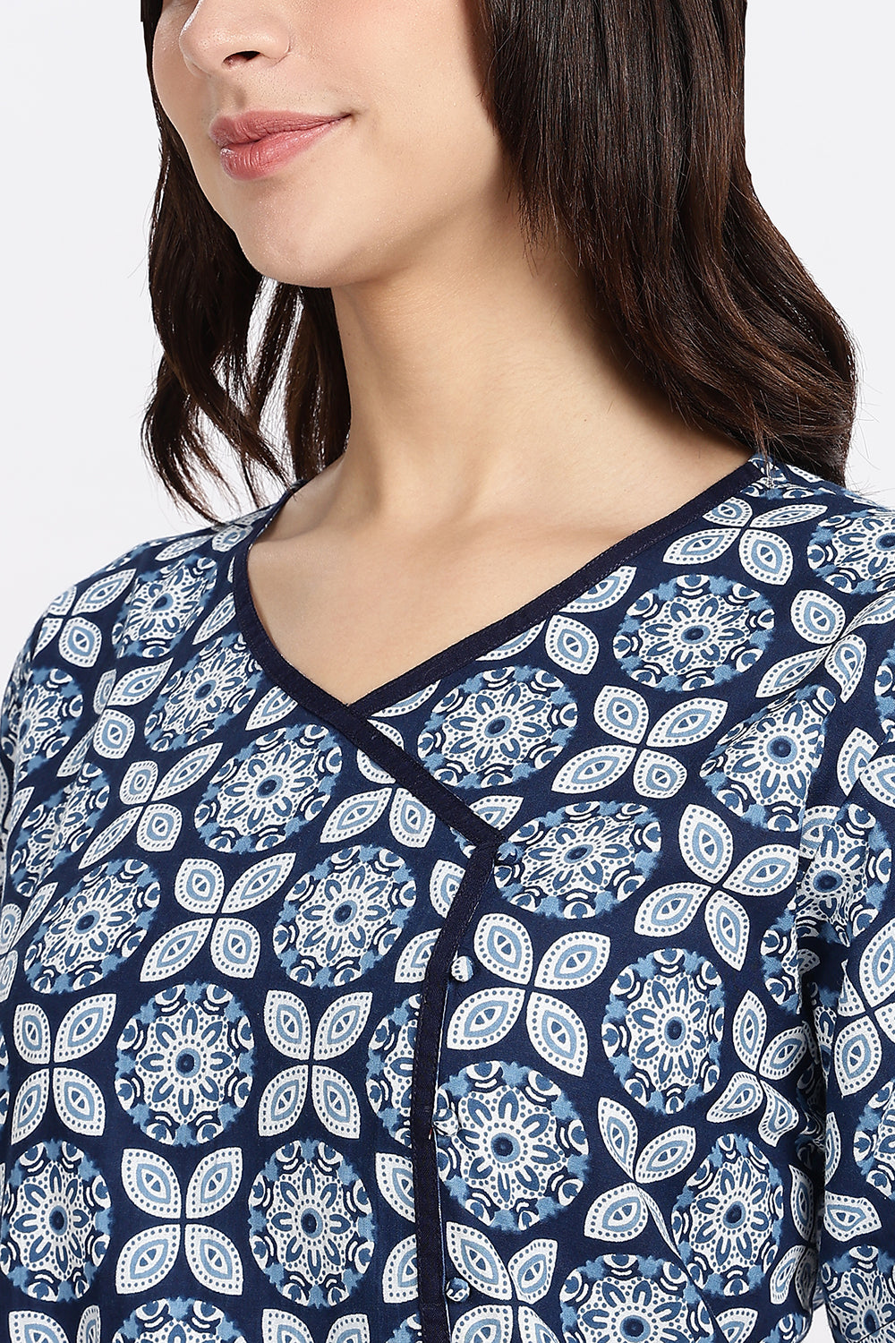 Naidu Hall Women’s A-Line Indigo Abstract Printed Cotton-Blend Nighty | Stylised V-Neck, Overlapped Panel, Short Sleeves
- NA93