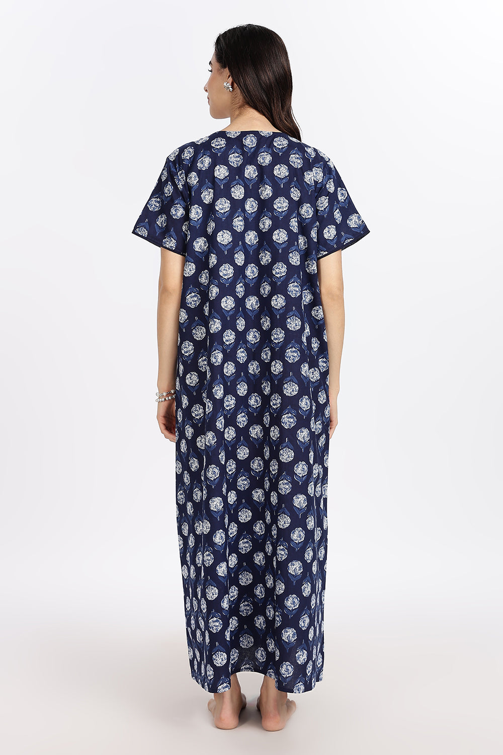 Naidu Hall Women’s A-Line Indigo Abstract Printed Cotton-Blend Nighty | Stylised V-Neck, Overlapped Panel, Short Sleeves - NA92