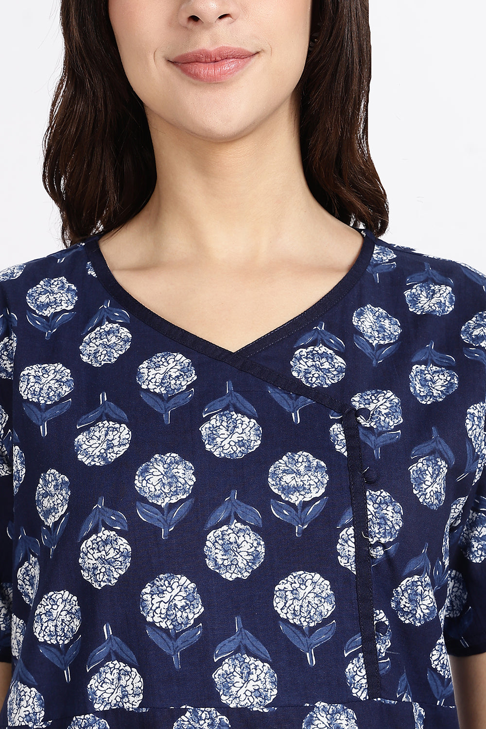 Naidu Hall Women’s A-Line Indigo Abstract Printed Cotton-Blend Nighty | Stylised V-Neck, Overlapped Panel, Short Sleeves - NA92