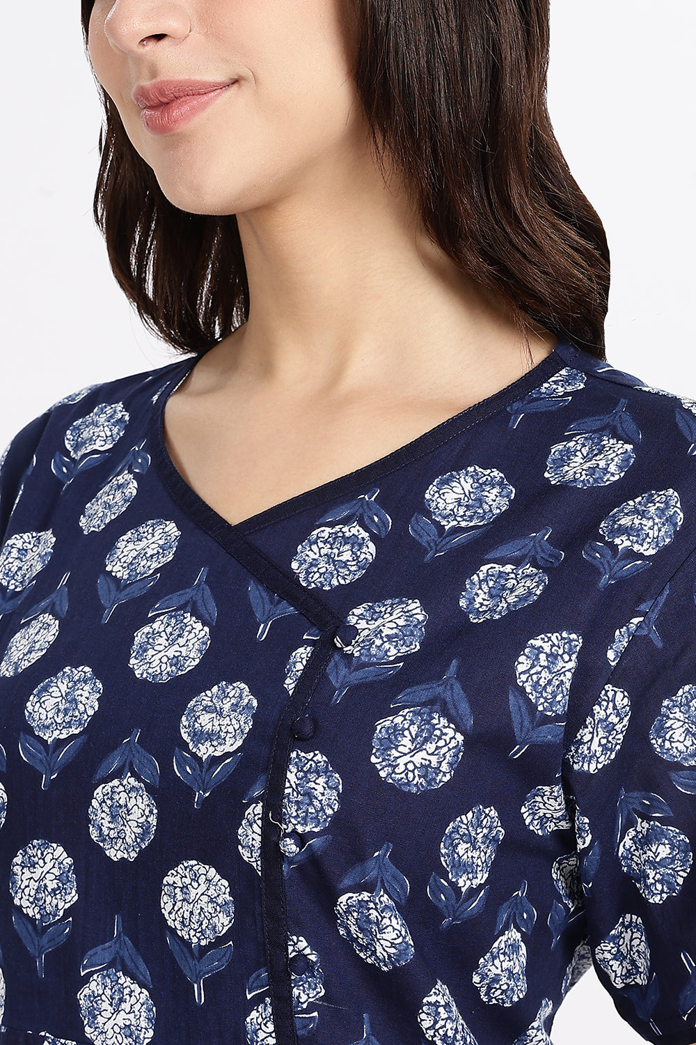 Naidu Hall Women’s A-Line Indigo Abstract Printed Cotton-Blend Nighty | Stylised V-Neck, Overlapped Panel, Short Sleeves - NA92