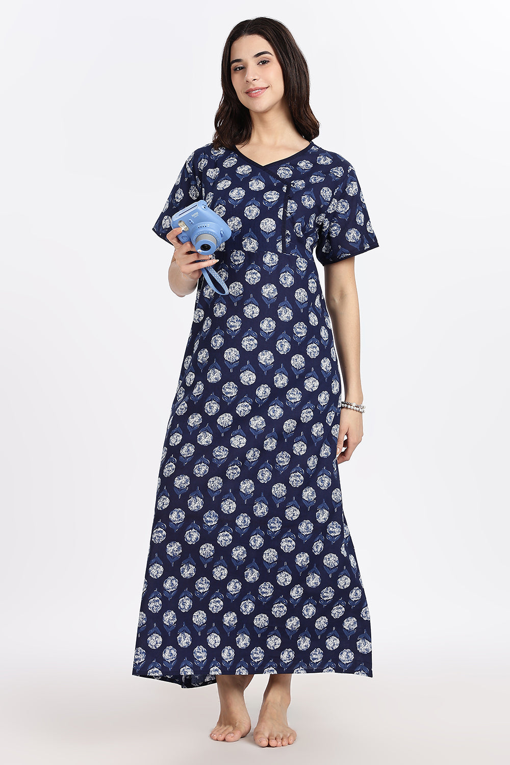 Naidu Hall Women’s A-Line Indigo Abstract Printed Cotton-Blend Nighty | Stylised V-Neck, Overlapped Panel, Short Sleeves - NA92