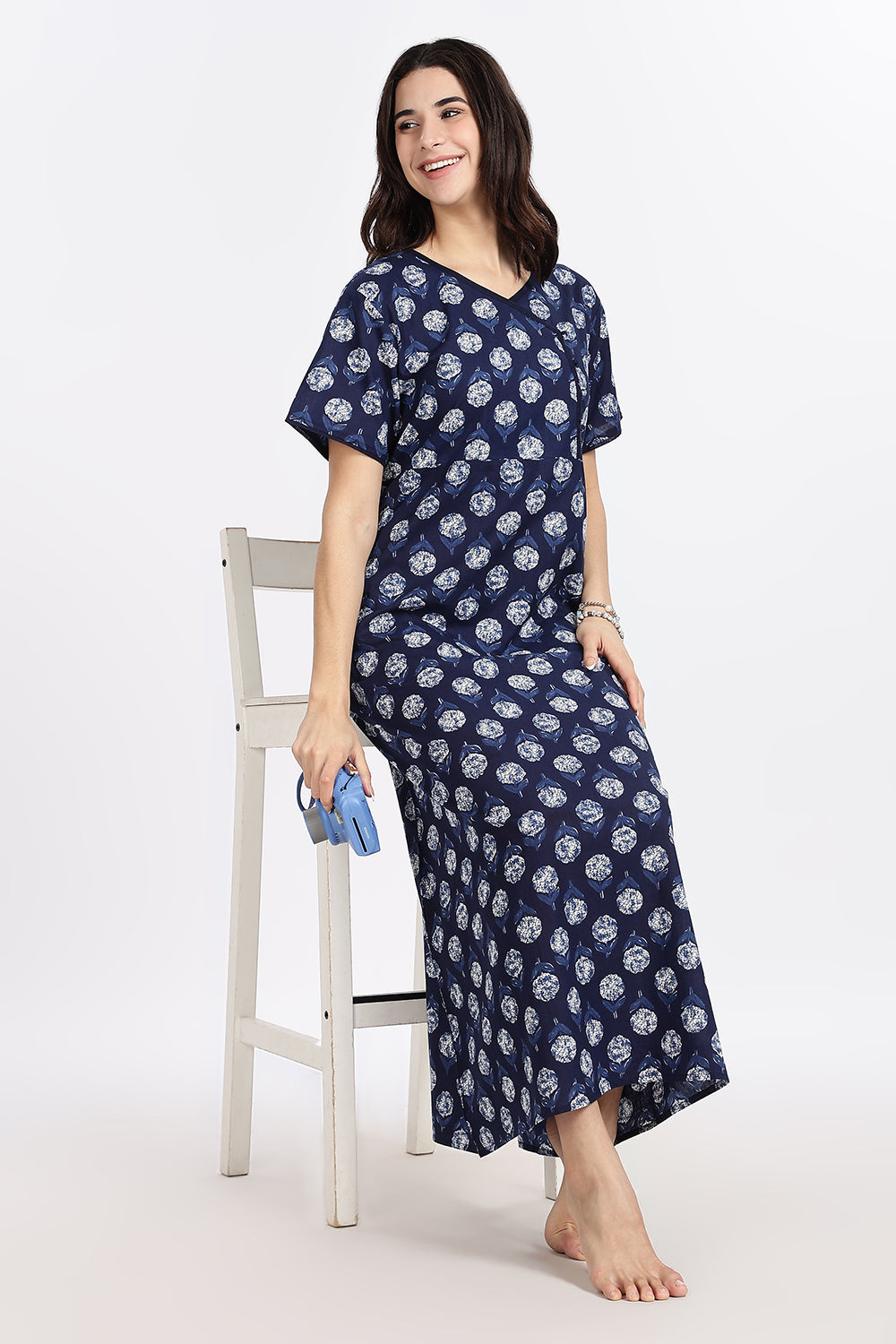 Naidu Hall Women’s A-Line Indigo Abstract Printed Cotton-Blend Nighty | Stylised V-Neck, Overlapped Panel, Short Sleeves - NA92