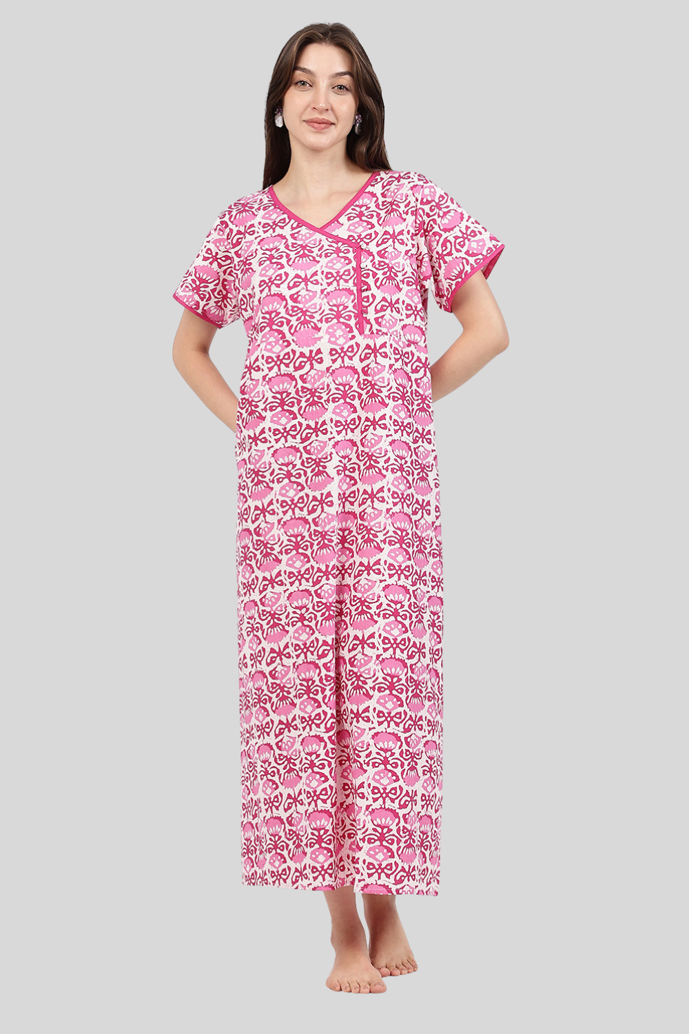 Naidu Hall Women’s A-Line Printed Cotton-Blend Nighty | Stylised V-Neck, Overlapped Panel, Short Sleeves
- NA90