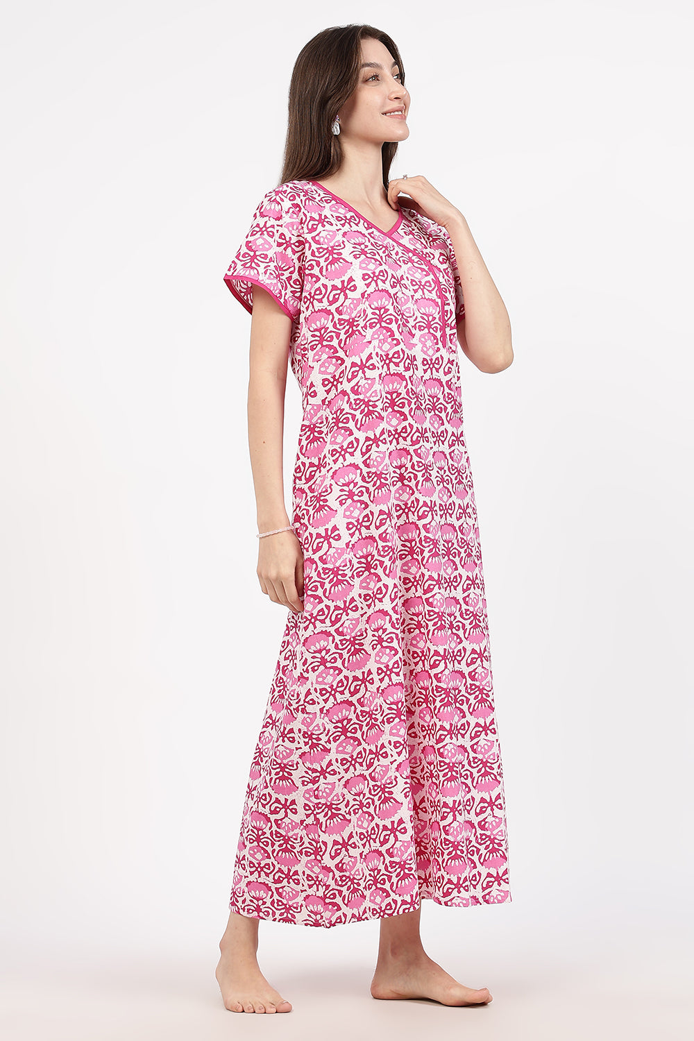 Naidu Hall Women’s A-Line Printed Cotton-Blend Nighty | Stylised V-Neck, Overlapped Panel, Short Sleeves
- NA90