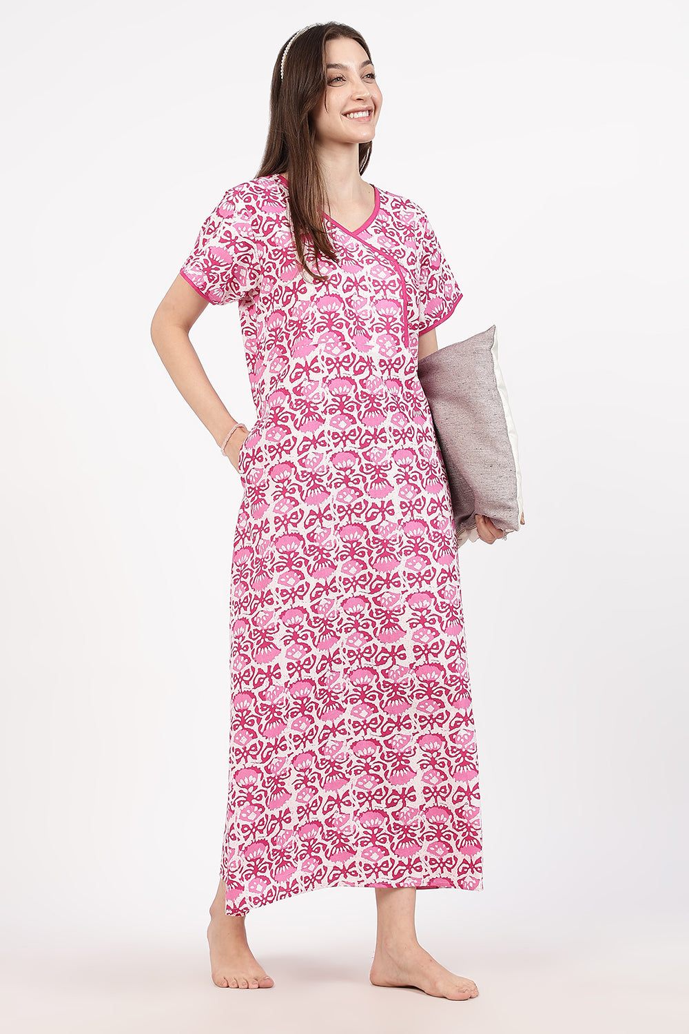 Naidu Hall Women’s A-Line Printed Cotton-Blend Nighty | Stylised V-Neck, Overlapped Panel, Short Sleeves
- NA90