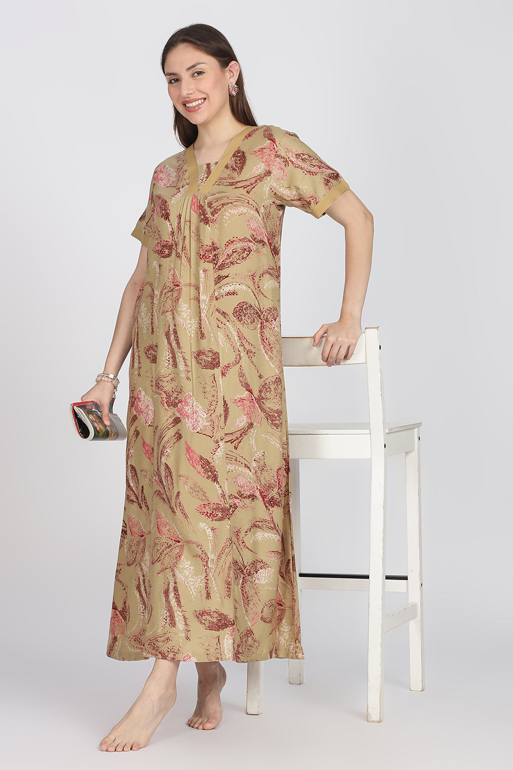 Naidu Hall Women’s Alpine Printed Cotton Nighty | Full-Length V-Neck Daily Wear & Sleepwear Nightdress
- NB19