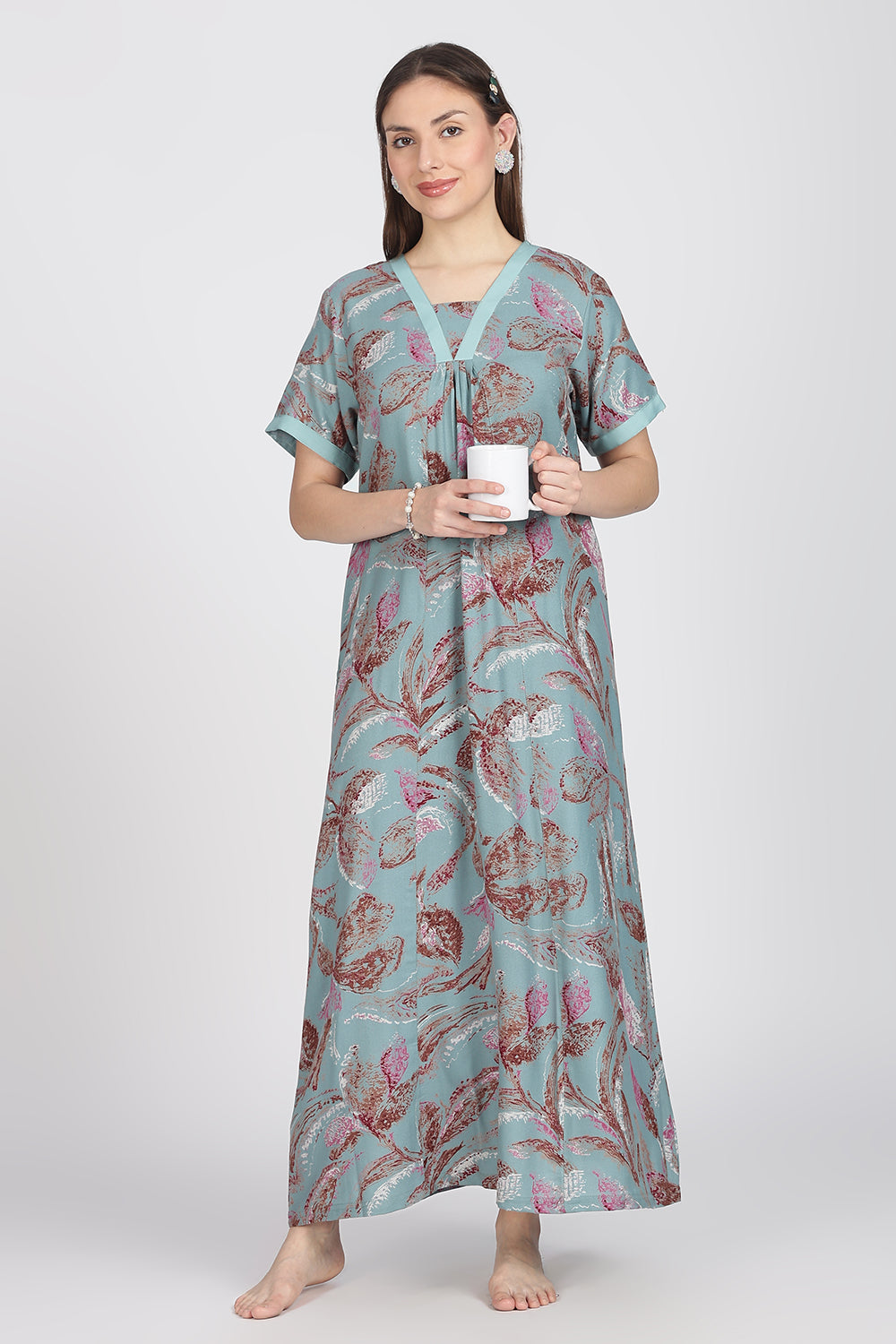 Naidu Hall Women’s Alpine Printed Cotton Nighty | Full-Length V-Neck Daily Wear & Sleepwear Nightdress
- NB19