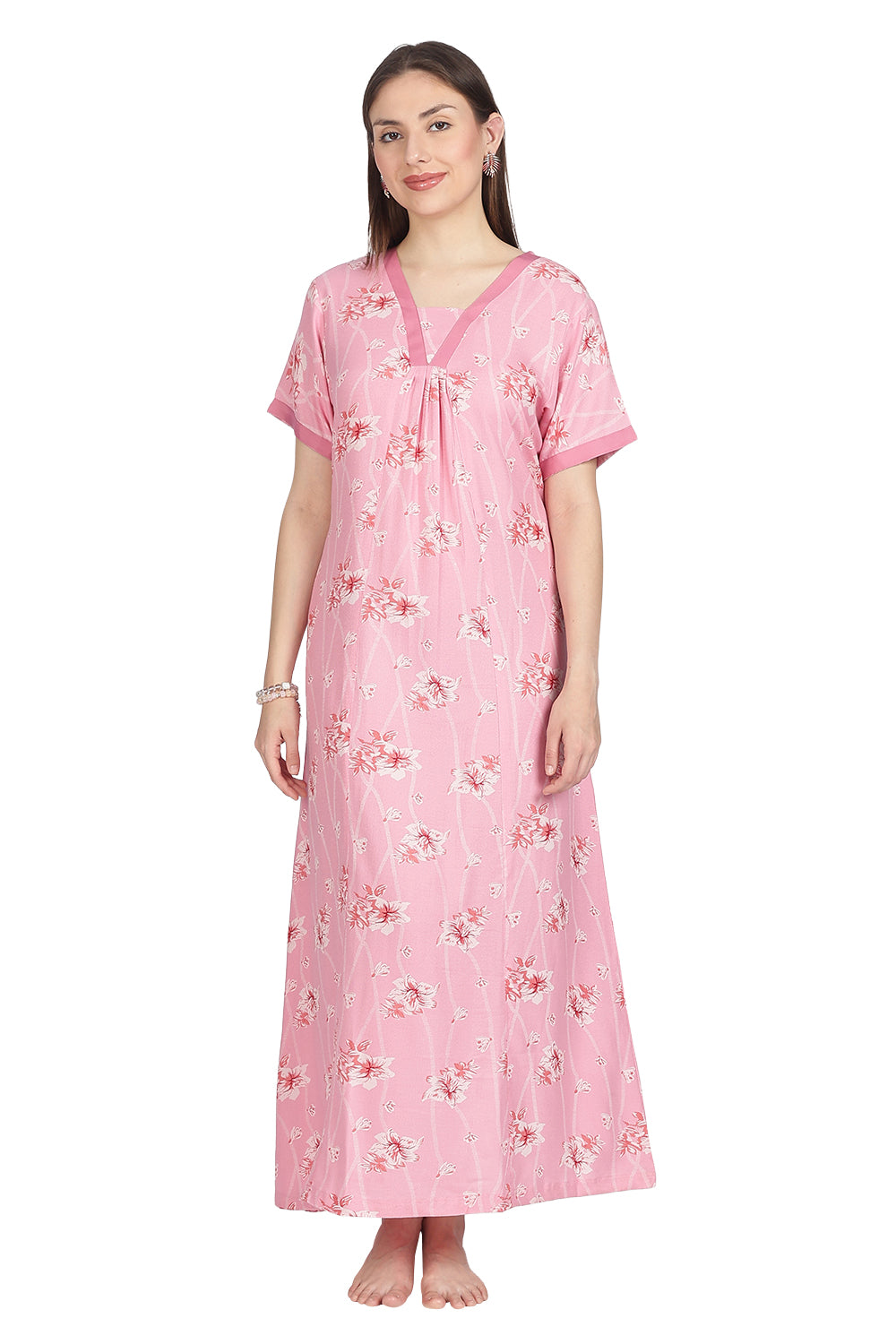 Naidu Hall Women’s Alpine Printed Cotton Nighty | Full-Length V-Neck Daily Wear & Sleepwear Nightdress
- NB18