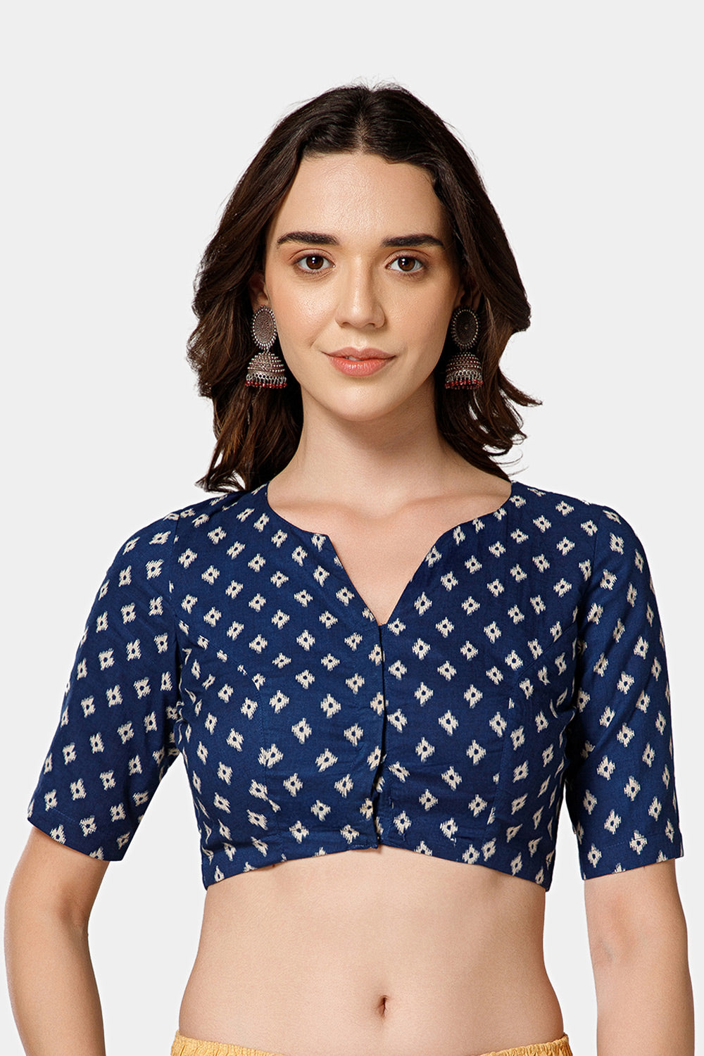 Naidu Hall Women’s Block Printed Jaipur Cotton Blouse | Patchwork Detail, U-Neck Notch, 3/4th Sleeves - BU24