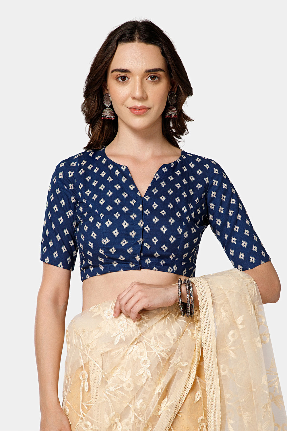 Naidu Hall Women’s Block Printed Jaipur Cotton Blouse | Patchwork Detail, U-Neck Notch, 3/4th Sleeves - BU24