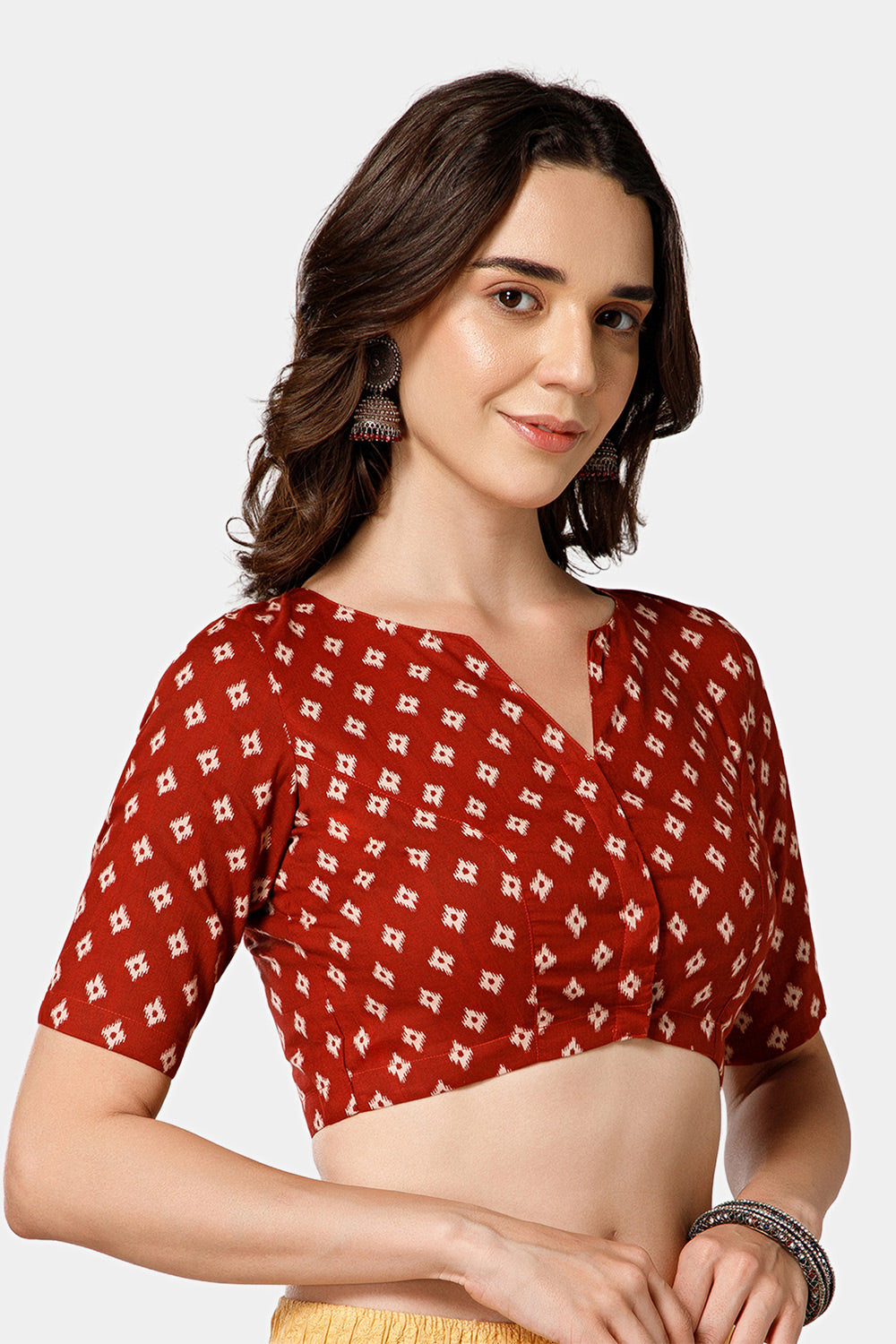 Naidu Hall Women’s Block Printed Jaipur Cotton Blouse | Patchwork Detail, U-Neck Notch, 3/4th Sleeves - BU24