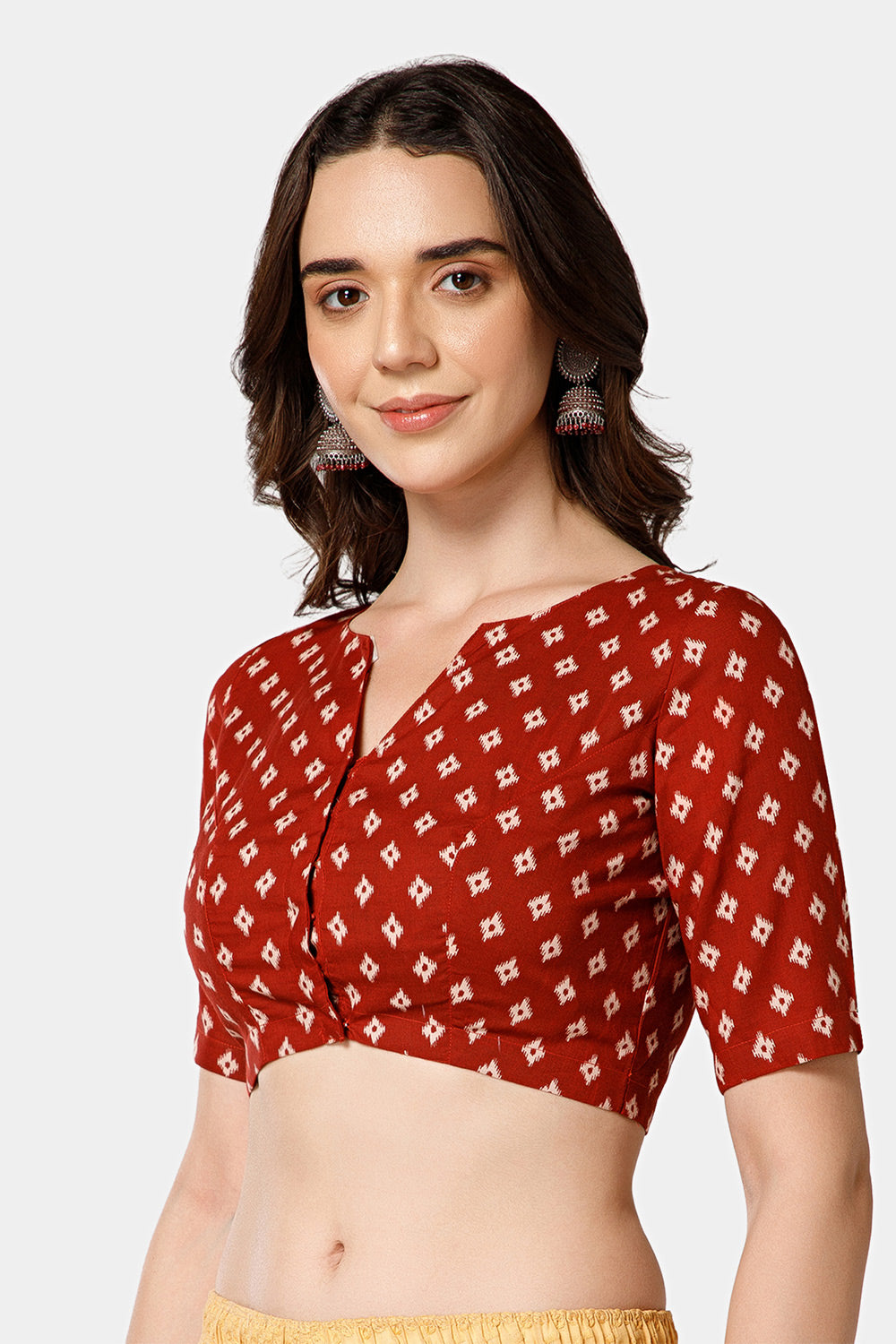 Naidu Hall Women’s Block Printed Jaipur Cotton Blouse | Patchwork Detail, U-Neck Notch, 3/4th Sleeves - BU24