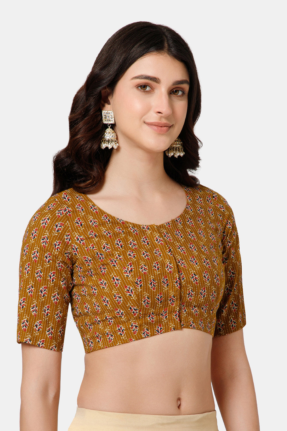 Naidu Hall Women’s Brocade Blouse – Princess Cut Front Open Cotton Blouse with Patchwork Back | Ethnic Wear Blouse - Mustard - BU27
