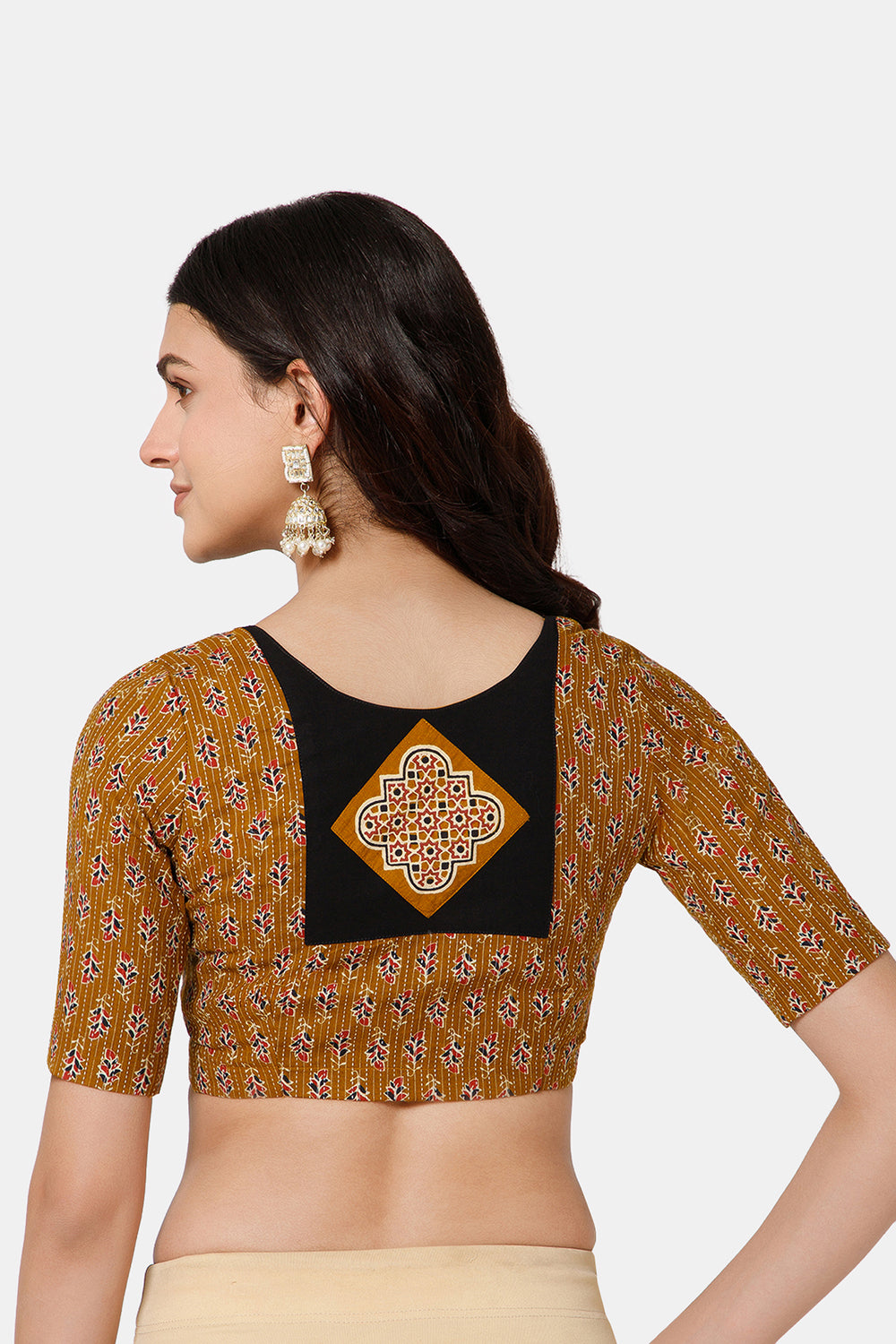Naidu Hall Women’s Brocade Blouse – Princess Cut Front Open Cotton Blouse with Patchwork Back | Ethnic Wear Blouse - Mustard - BU27