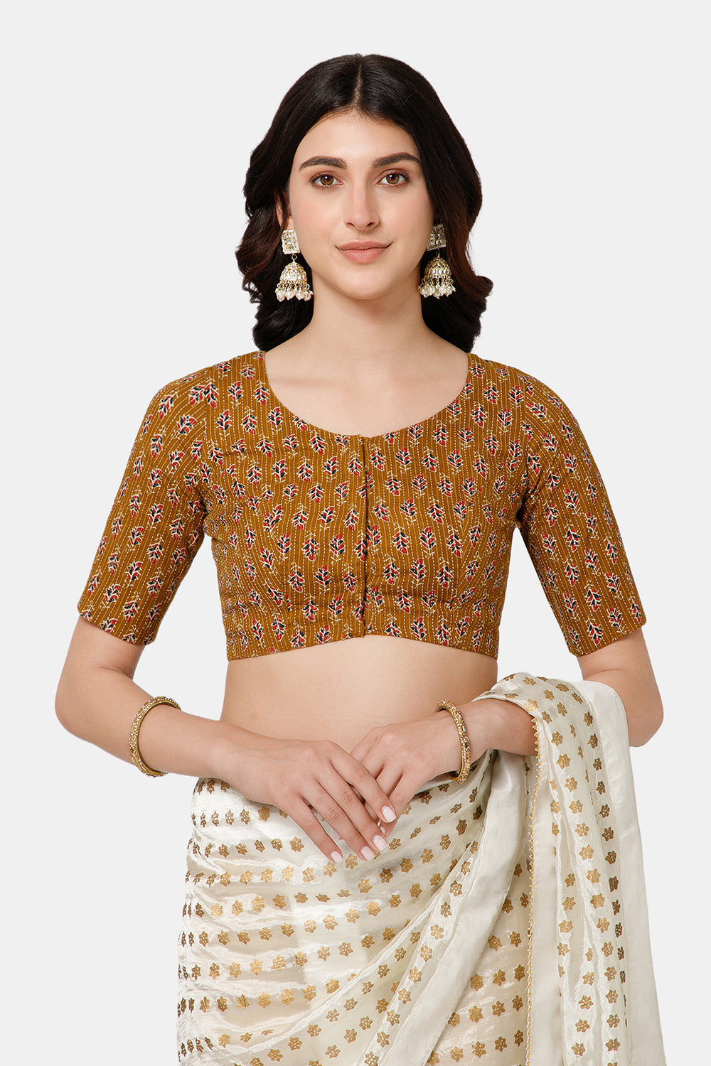 Naidu Hall Women’s Brocade Blouse – Princess Cut Front Open Cotton Blouse with Patchwork Back | Ethnic Wear Blouse - Mustard - BU27